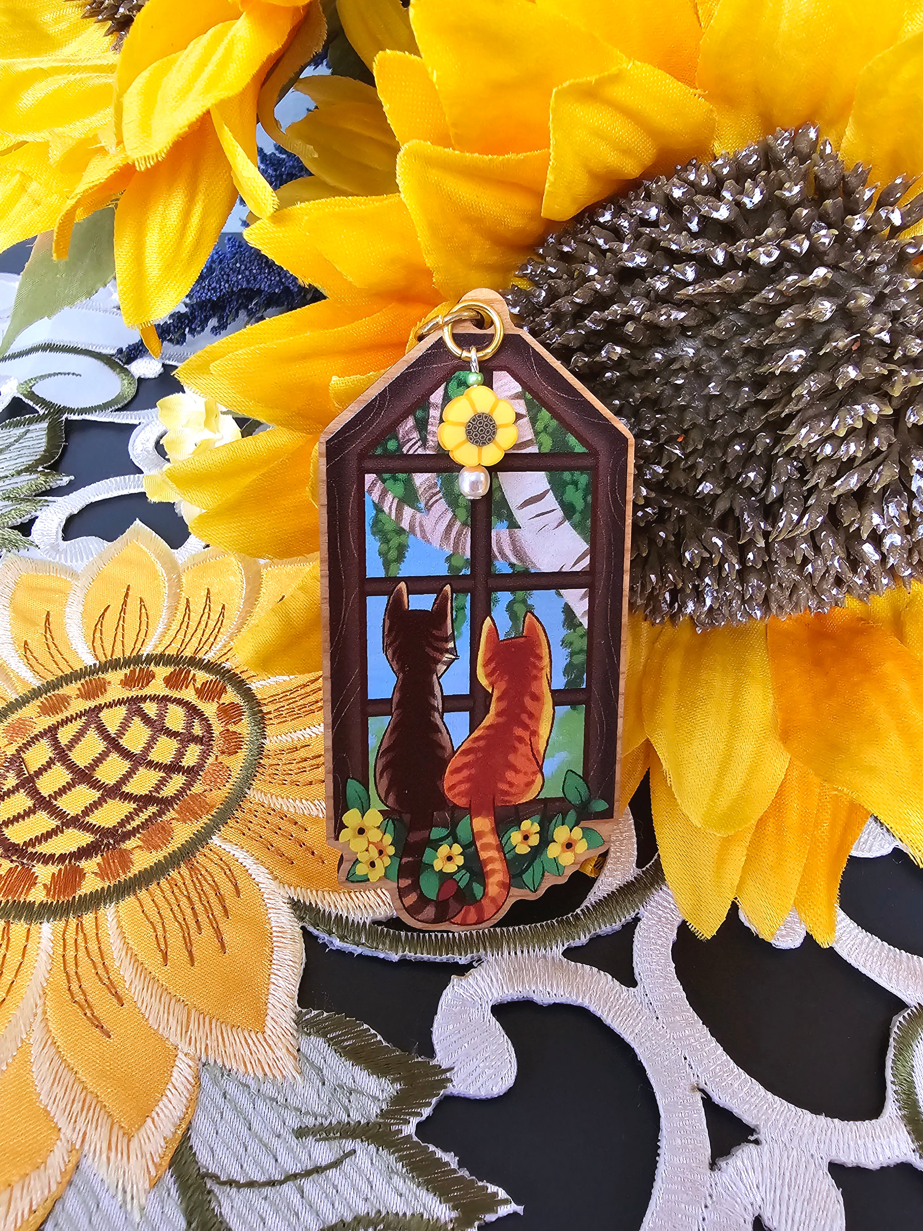 Window Seat - Wooden Kitty Keycharms with Accent Beads