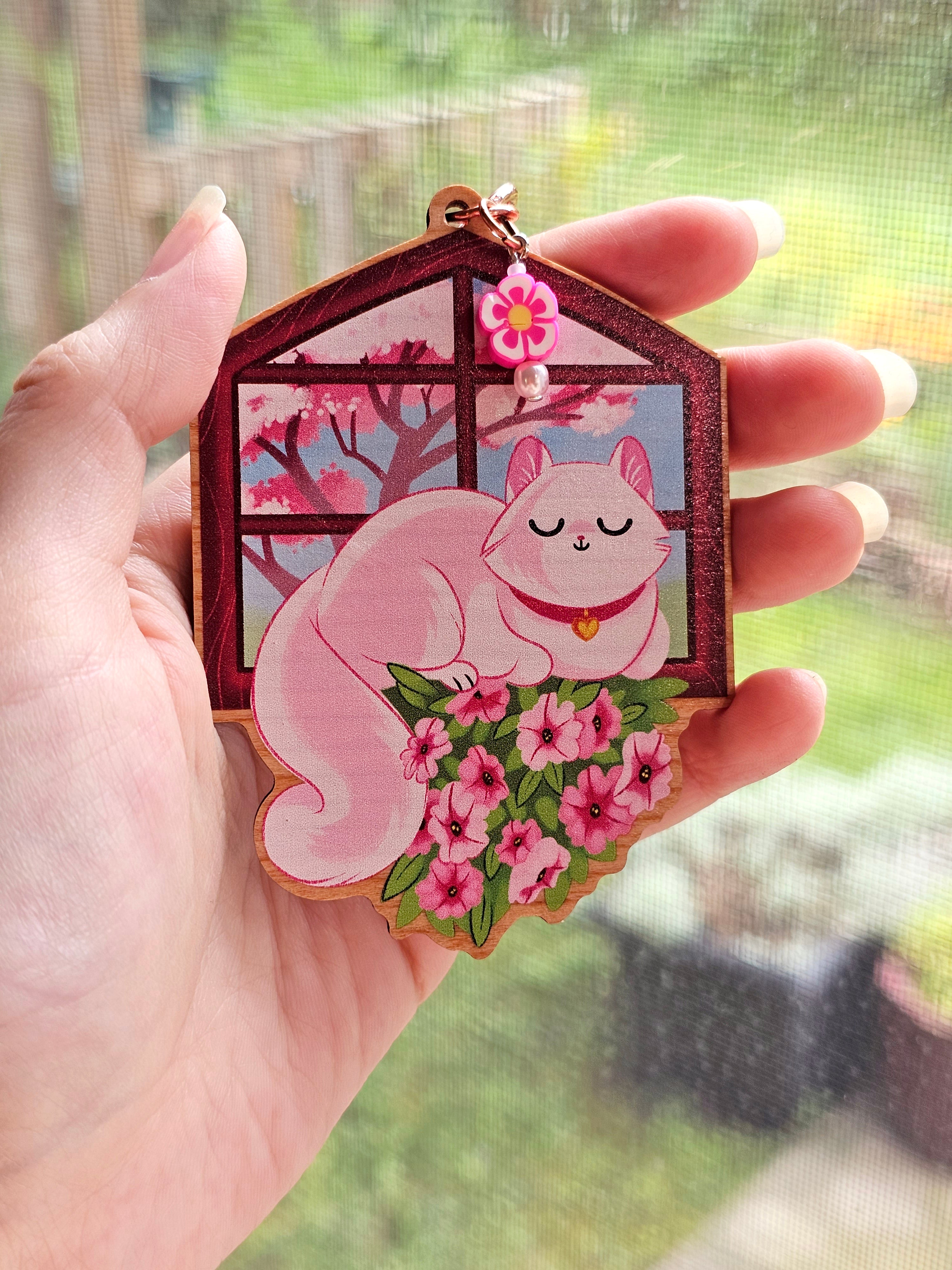 Window Seat - Wooden Kitty Keycharms with Accent Beads