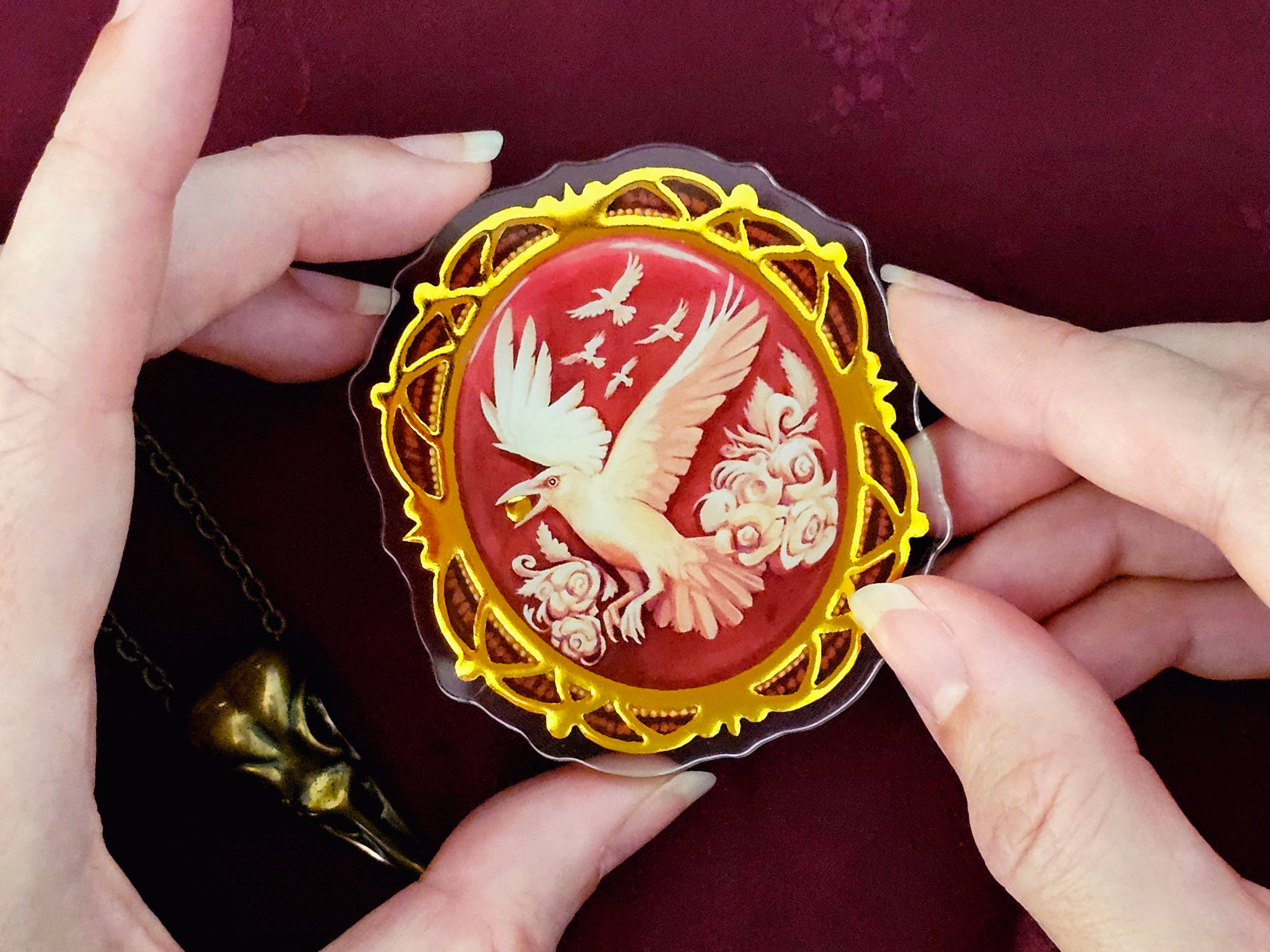 Albino Crow Acrylic Pin - Cameo Style Vintage-Inspired Brooch