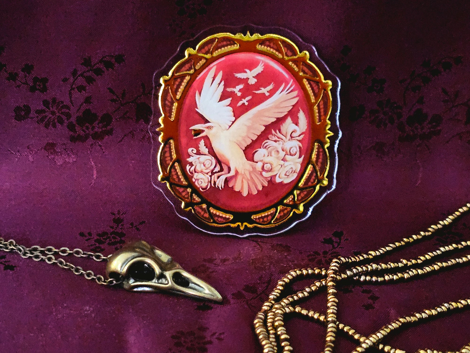 Albino Crow Acrylic Pin - Cameo Style Vintage-Inspired Brooch