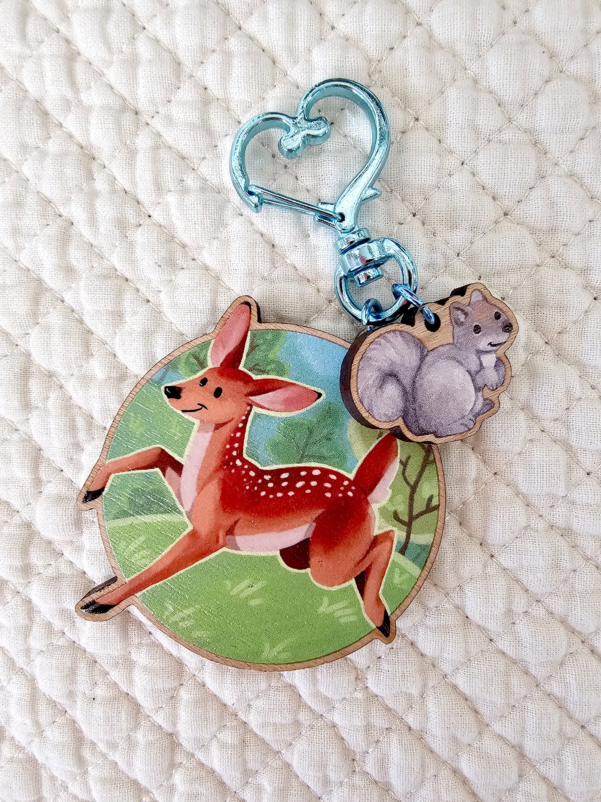 Morning in the Meadow Wooden Deer and Squirrel Keycharm