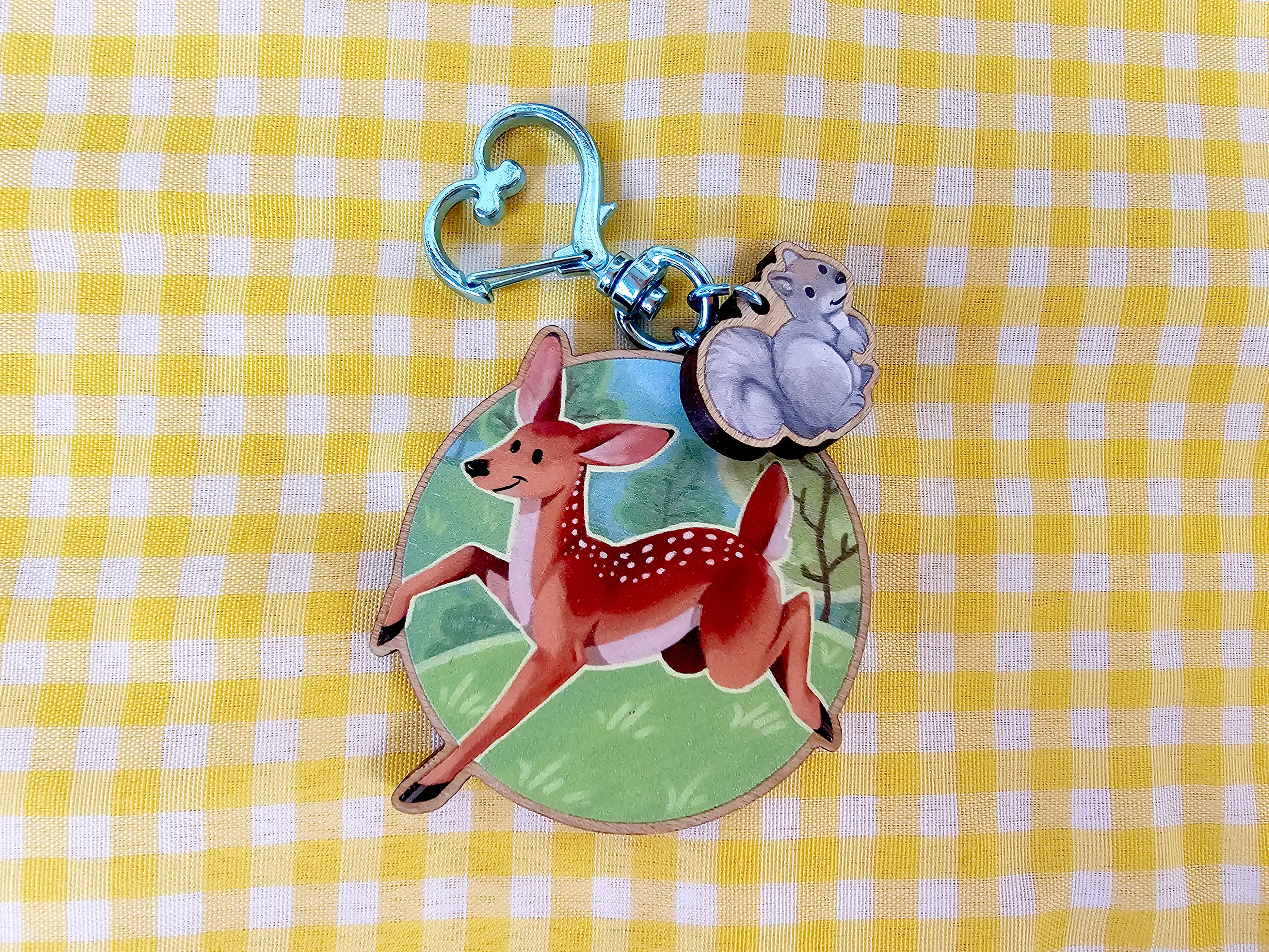 Morning in the Meadow Wooden Deer and Squirrel Keycharm