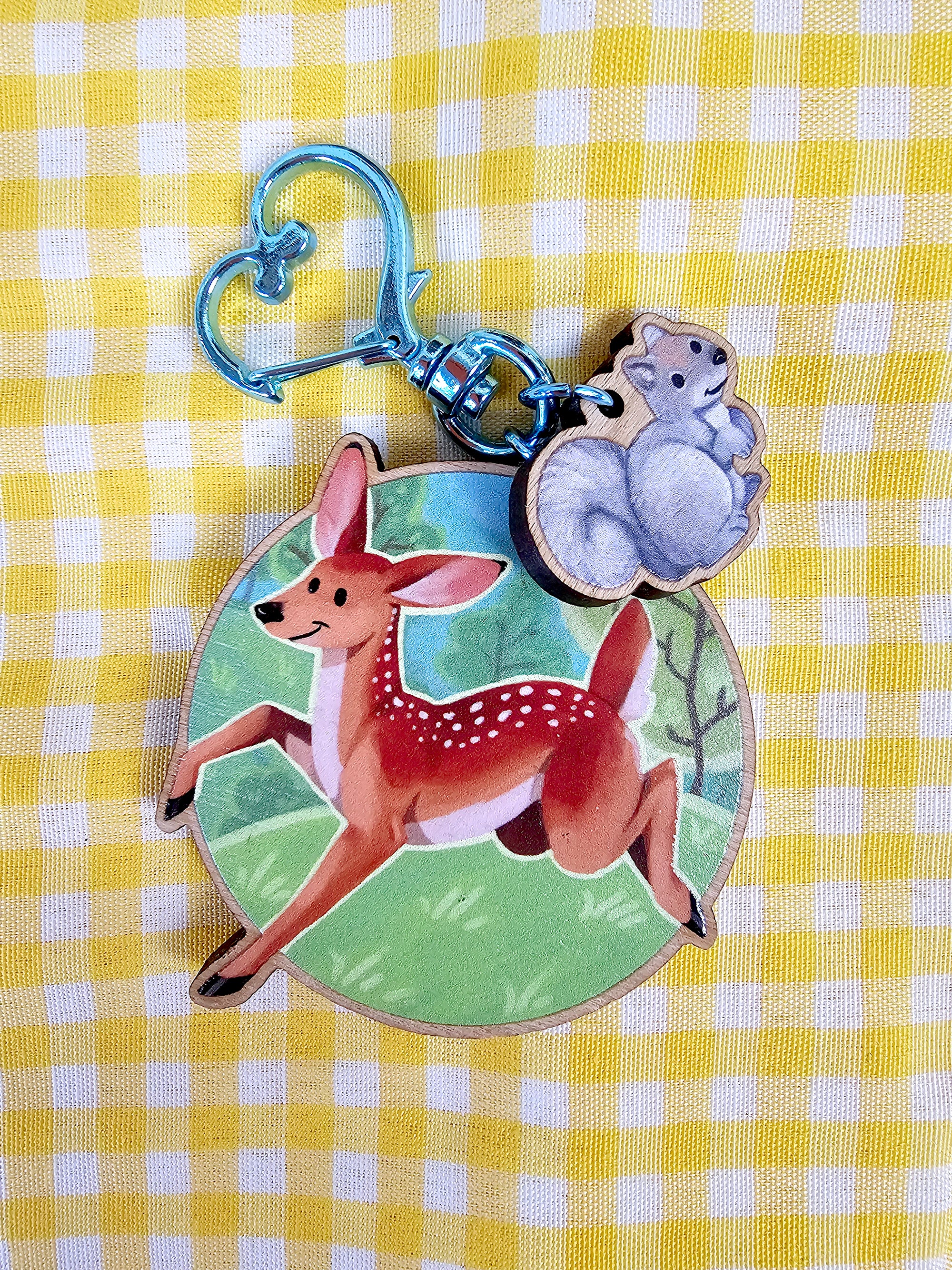Morning in the Meadow Wooden Deer and Squirrel Keycharm