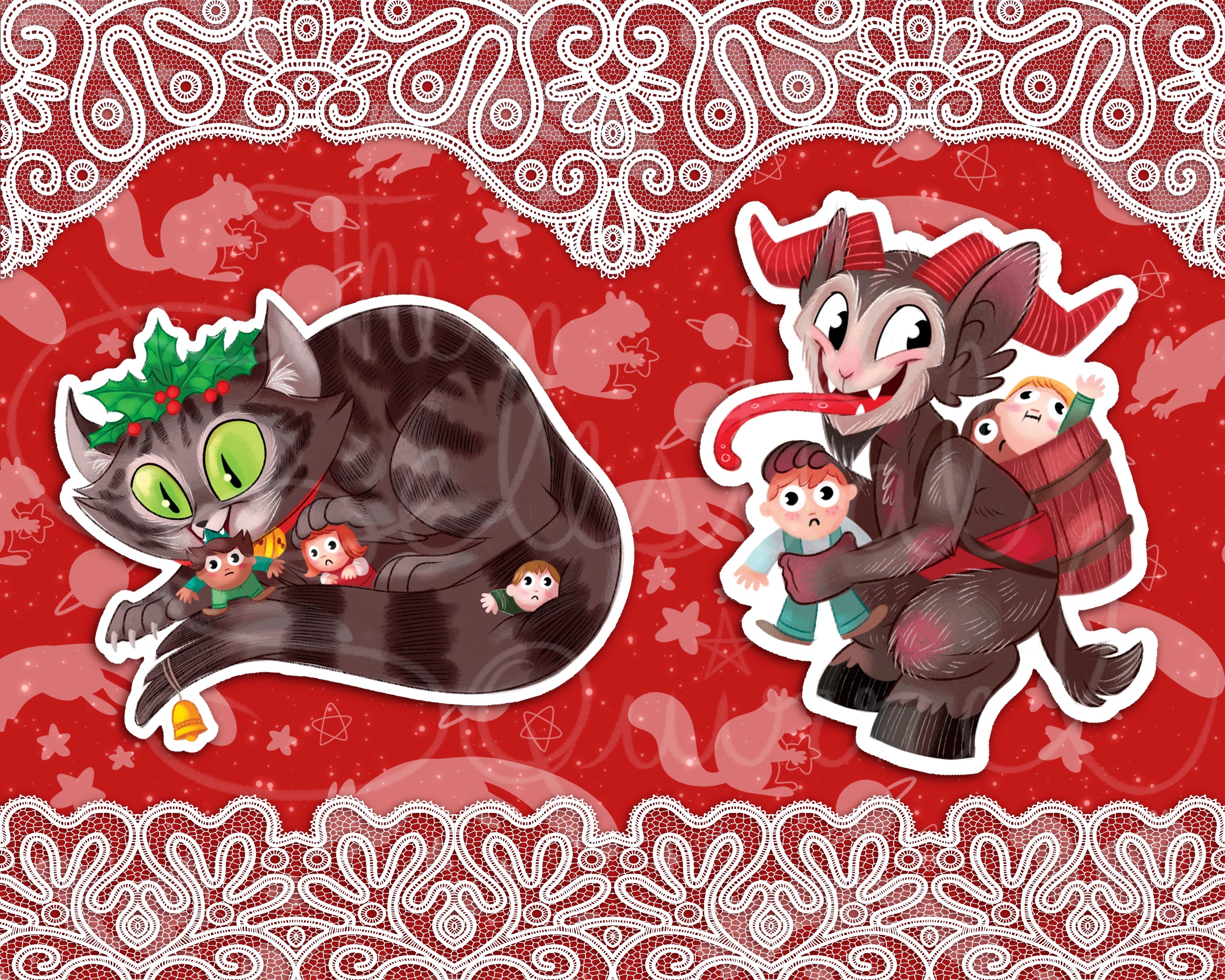 Krampus and Yule Cat Matte Vinyl Stickers