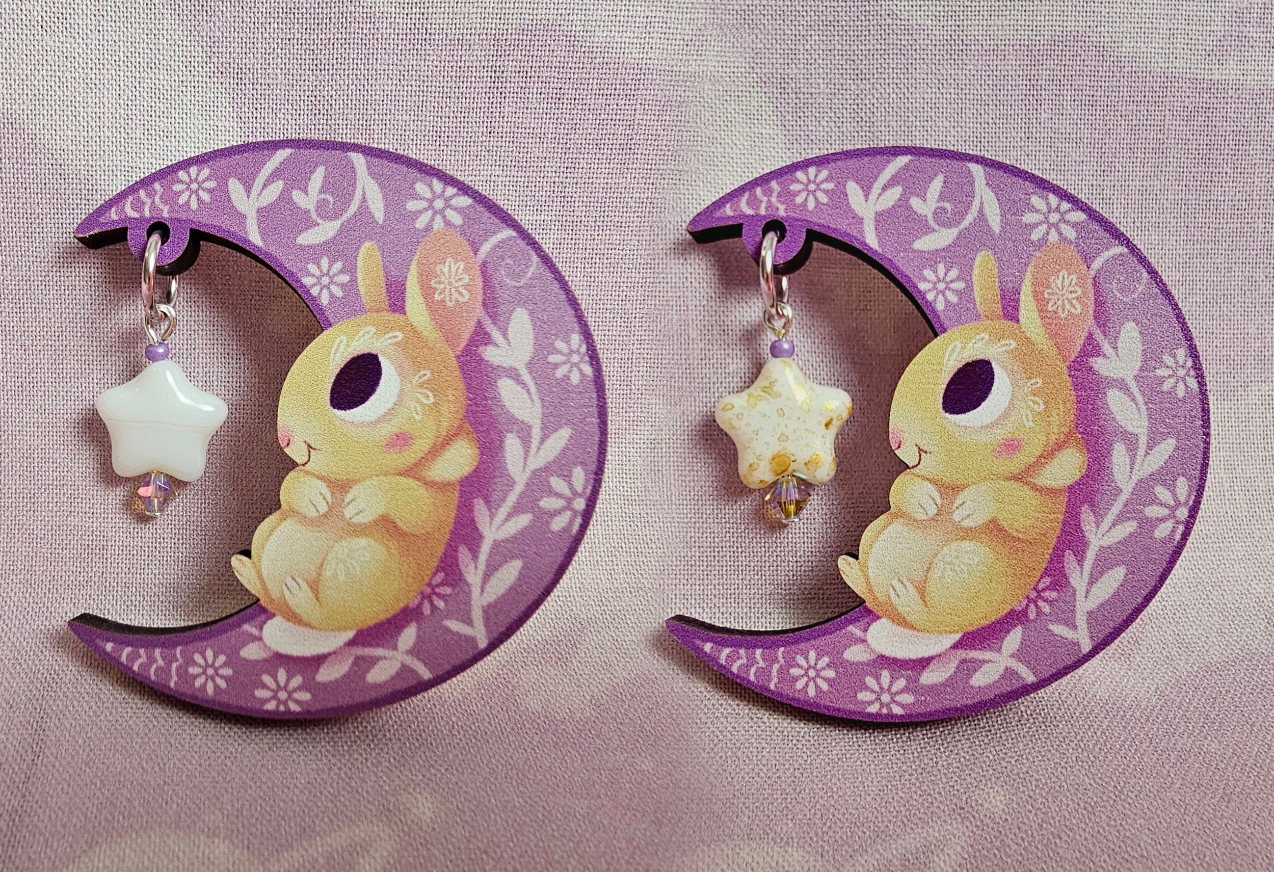 Crescent Moon - Lunar Rabbit Wooden Pin With Glass Beads