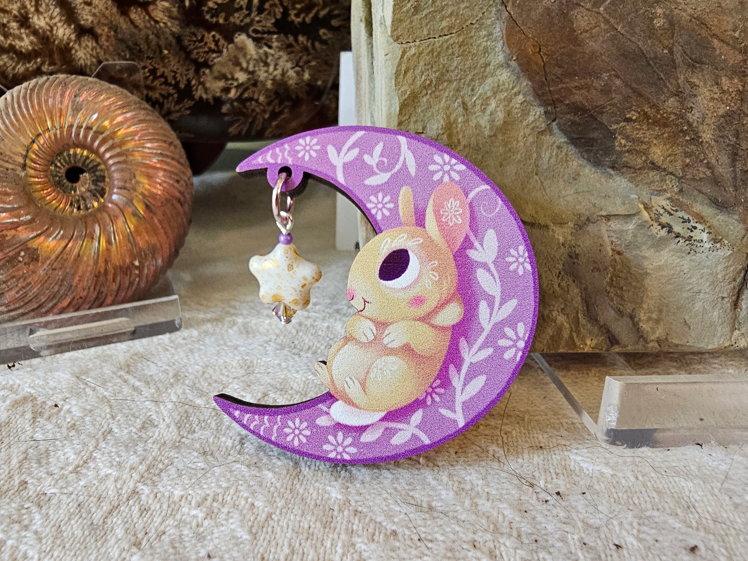 Crescent Moon - Lunar Rabbit Wooden Pin With Glass Beads