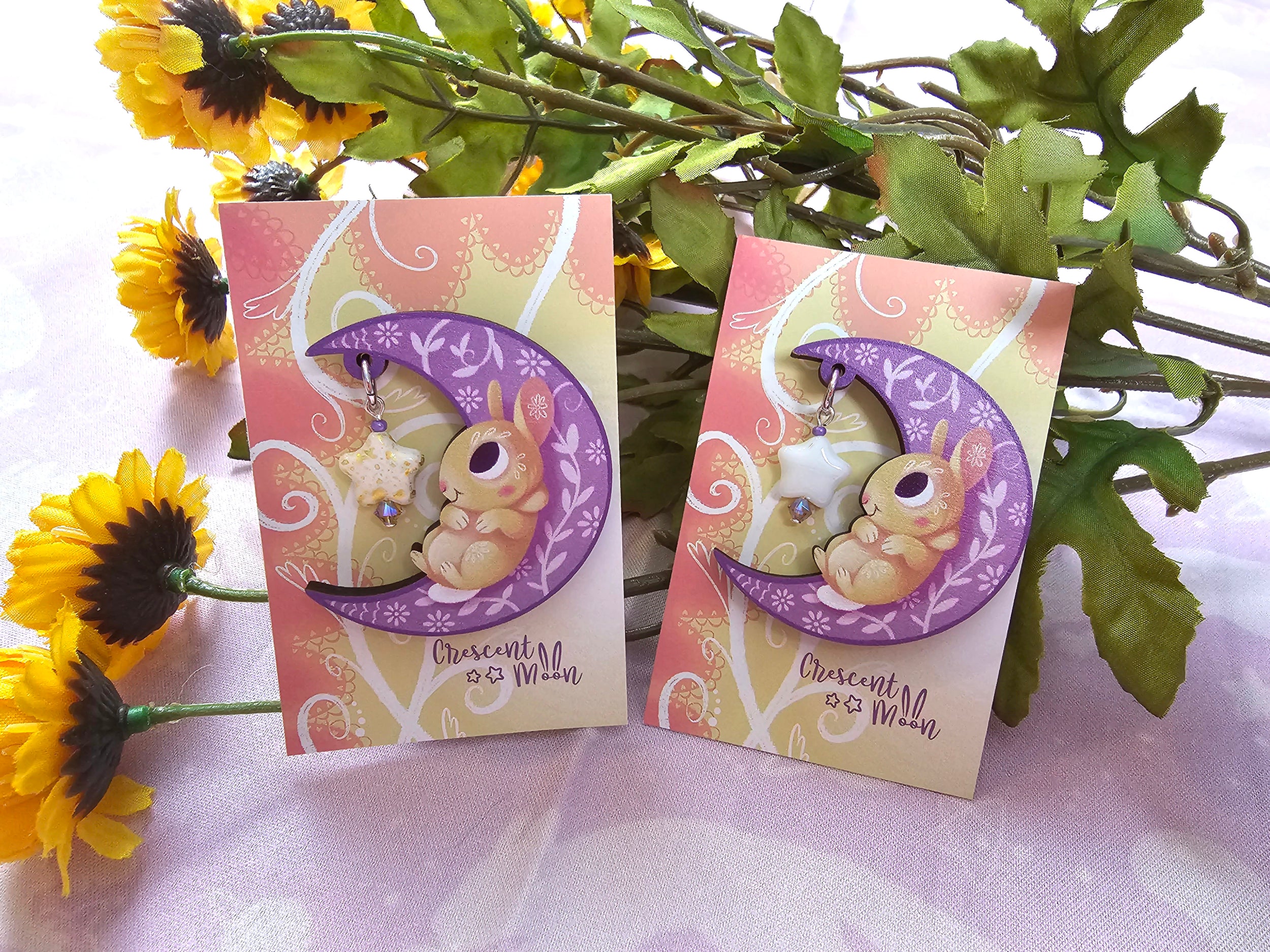 Crescent Moon - Lunar Rabbit Wooden Pin With Glass Beads