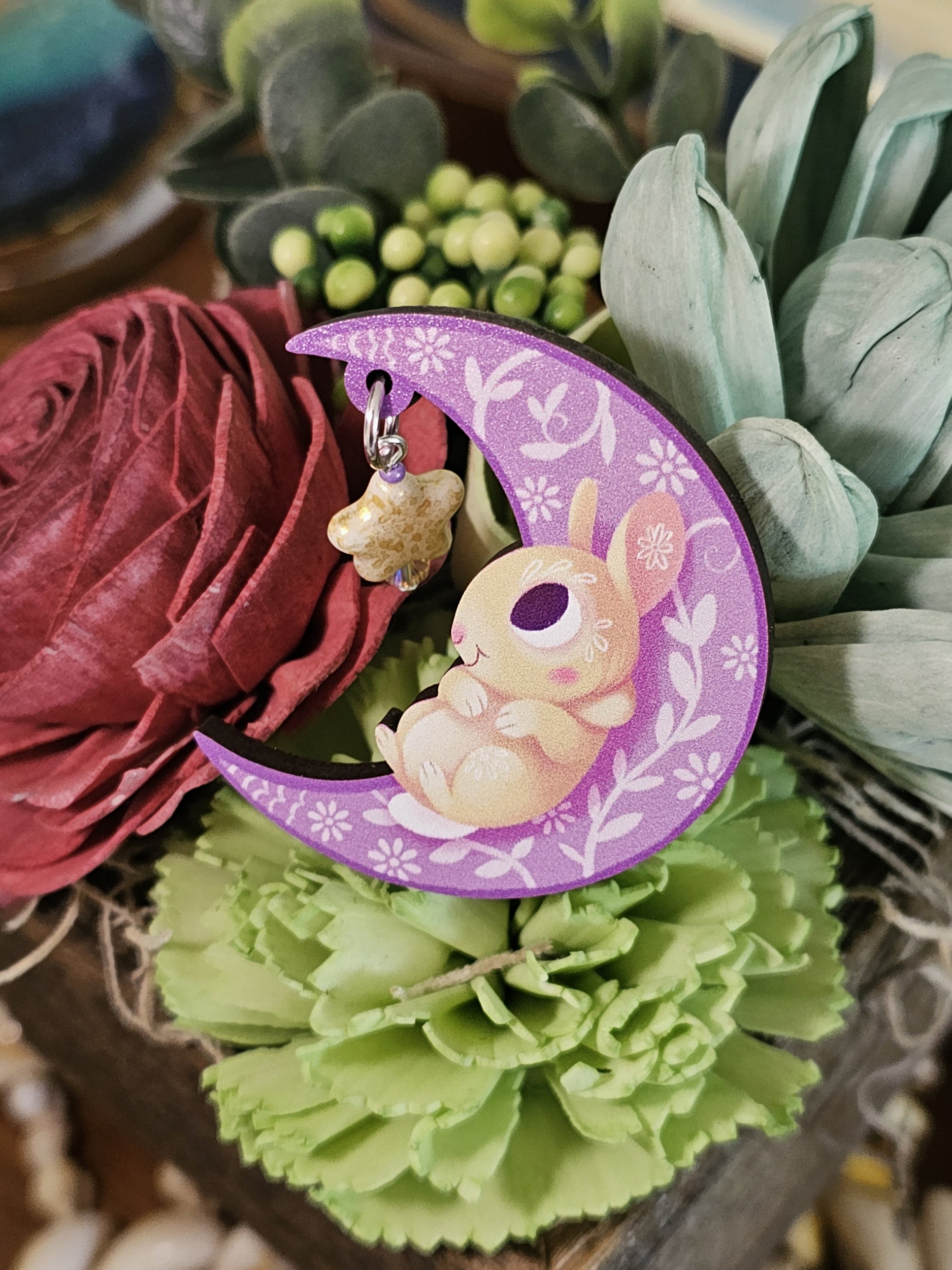 Crescent Moon - Lunar Rabbit Wooden Pin With Glass Beads