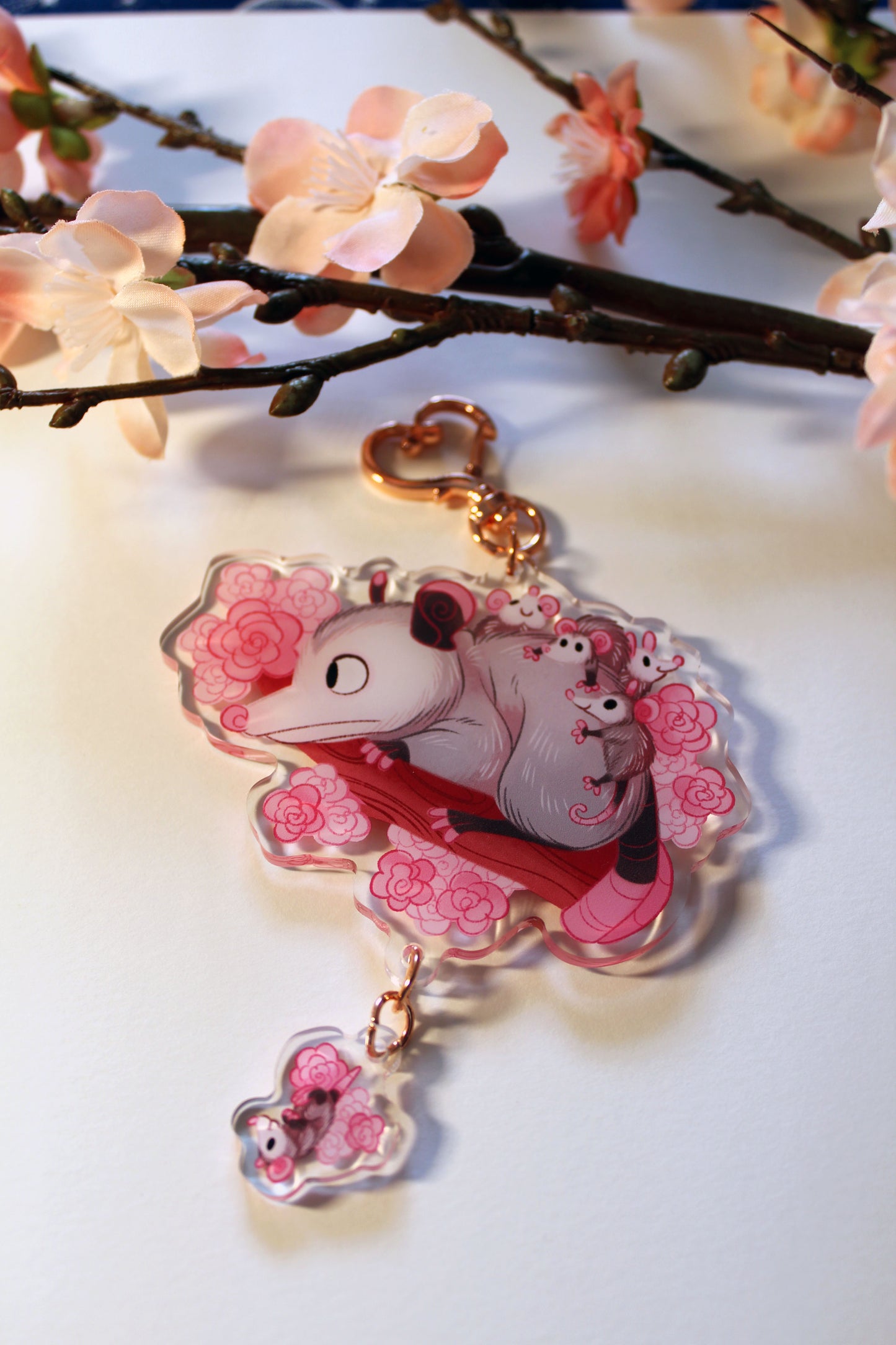 Opossum Mom Double-Sided Acrylic Keychain With Connector Charm