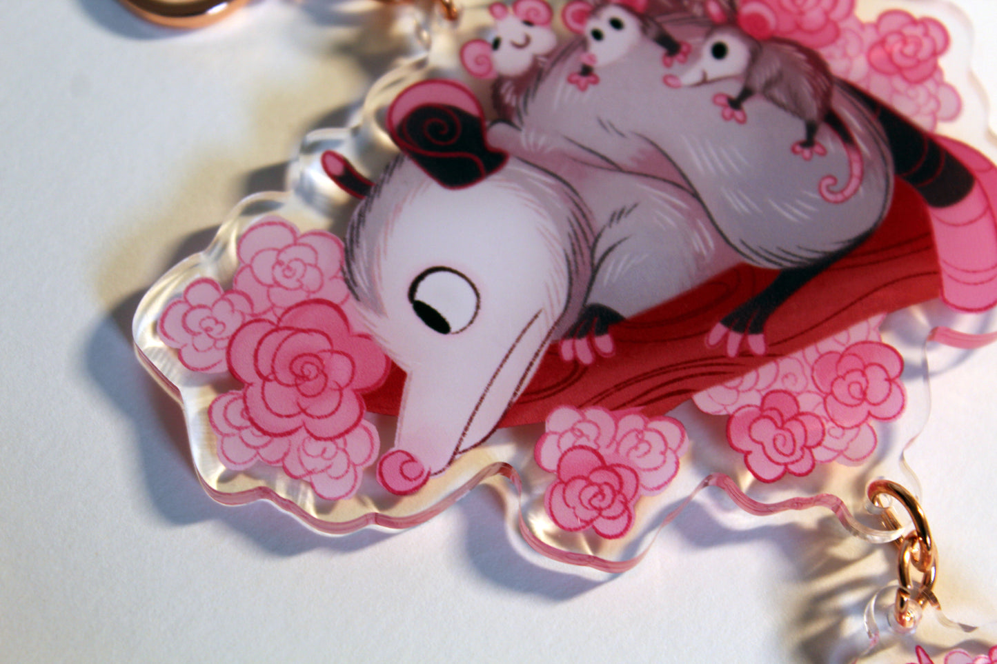 Opossum Mom Double-Sided Acrylic Keychain With Connector Charm