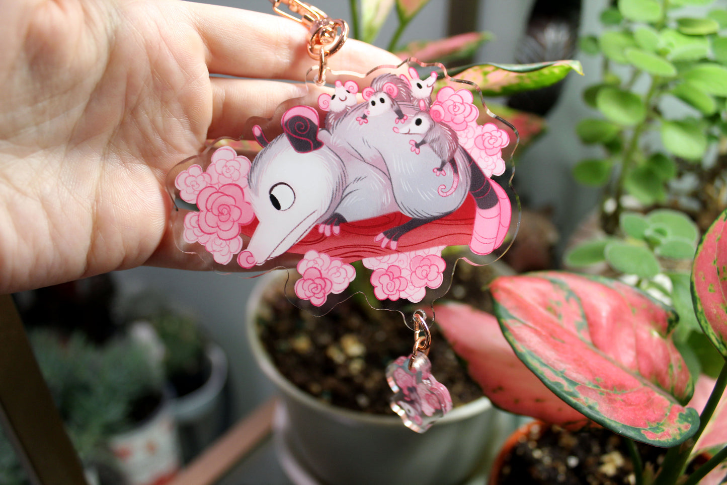 Opossum Mom Double-Sided Acrylic Keychain With Connector Charm
