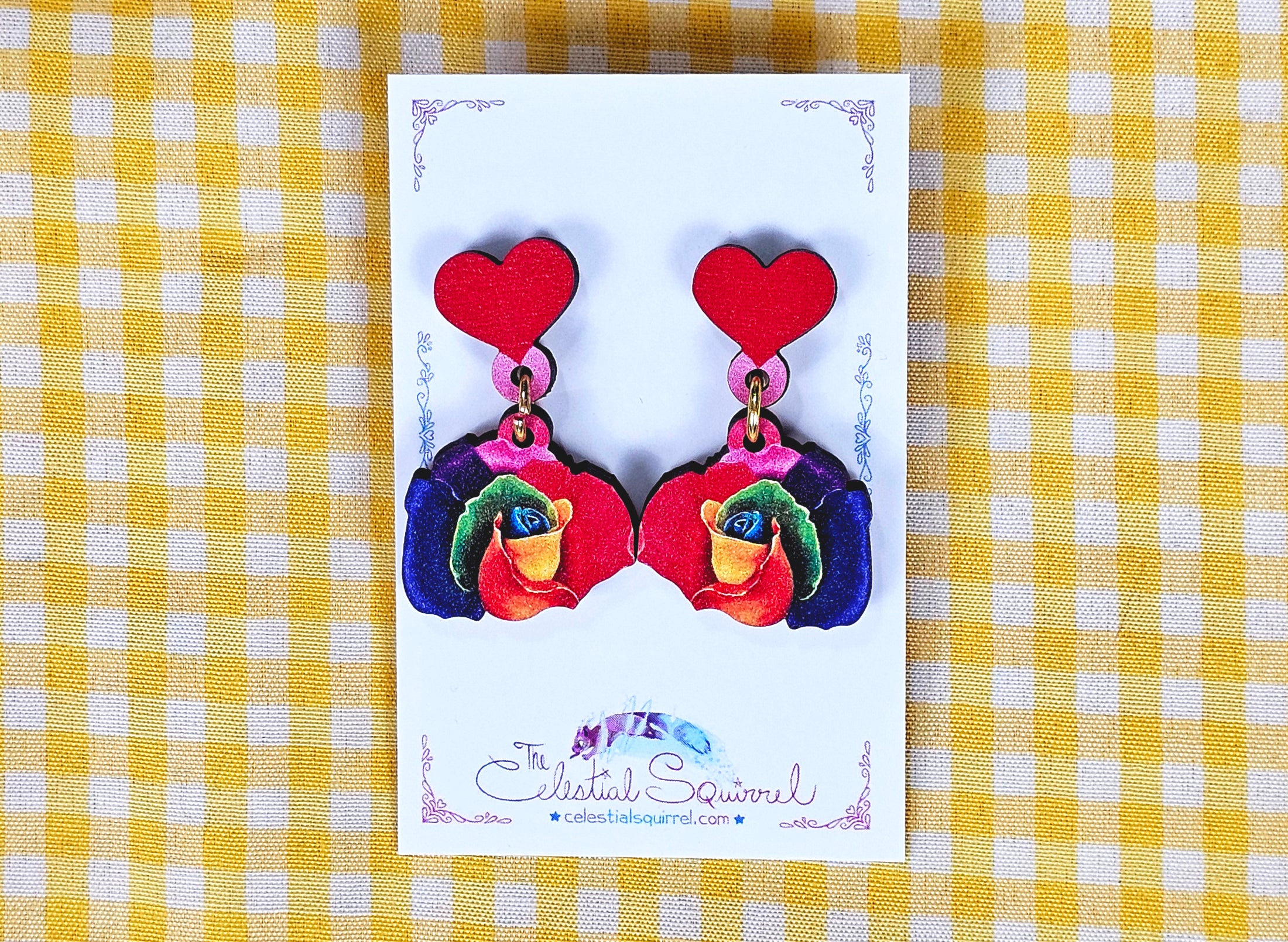 Pride Rose Earrings, Rainbow Rose and Heart Maple Wood Dangling Earrings