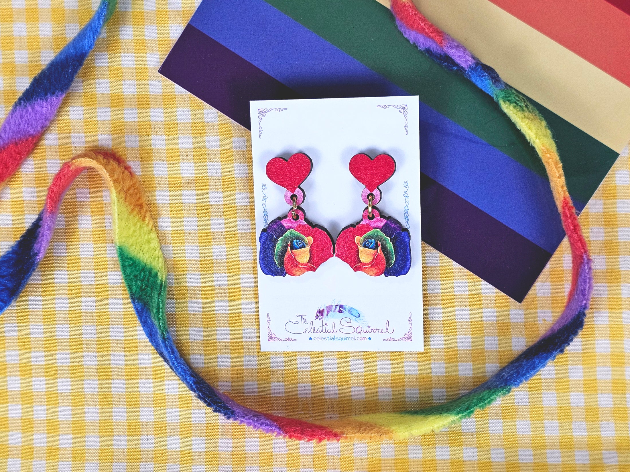 Pride Rose Earrings, Rainbow Rose and Heart Maple Wood Dangling Earrings