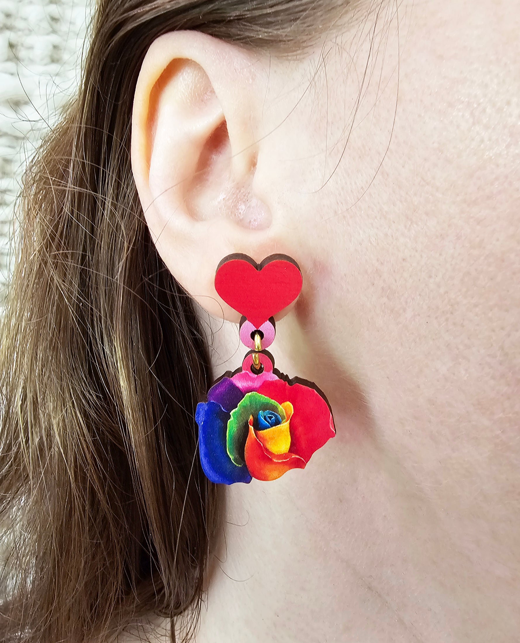 Pride Rose Earrings, Rainbow Rose and Heart Maple Wood Dangling Earrings