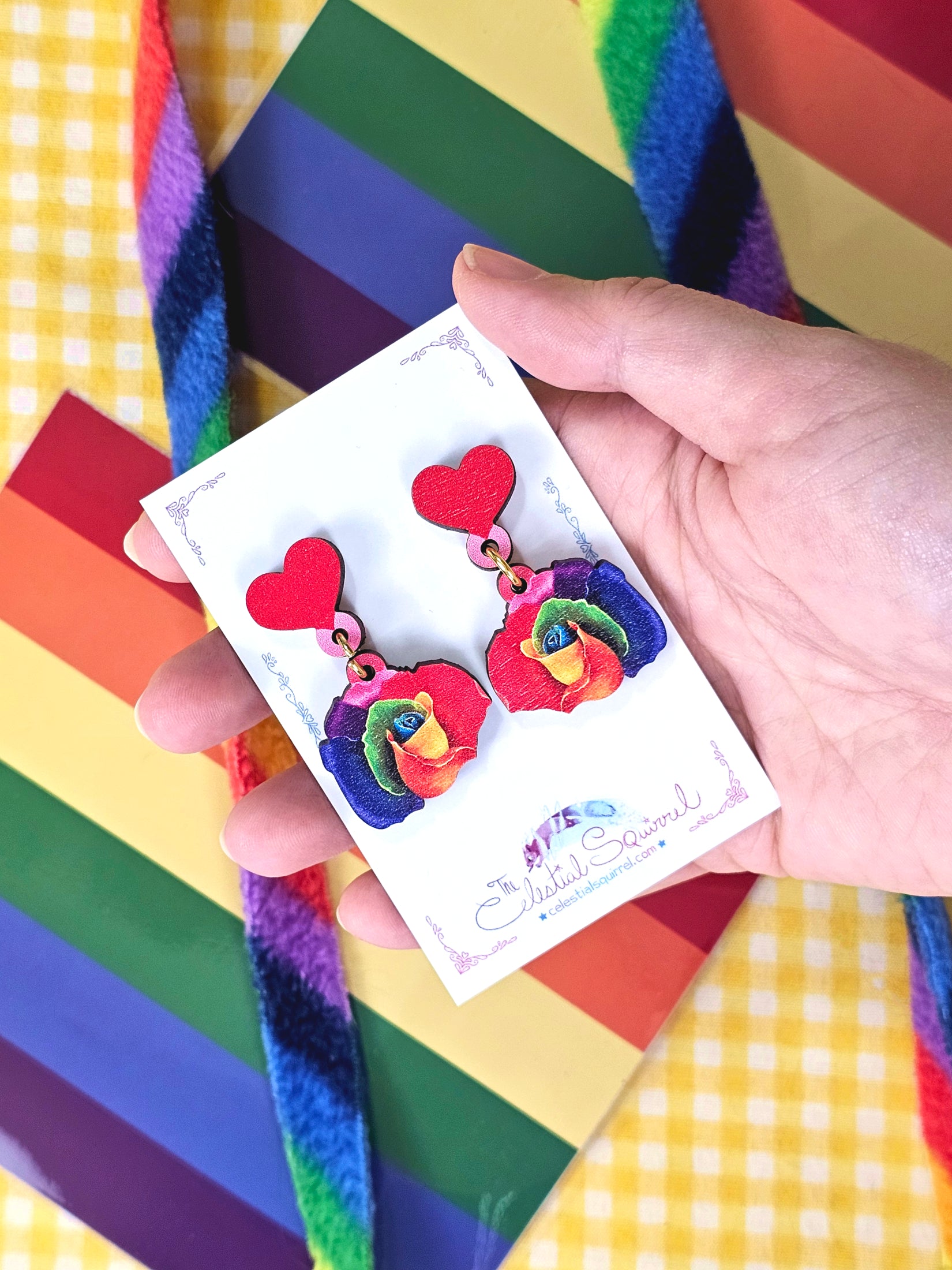 Pride Rose Earrings, Rainbow Rose and Heart Maple Wood Dangling Earrings