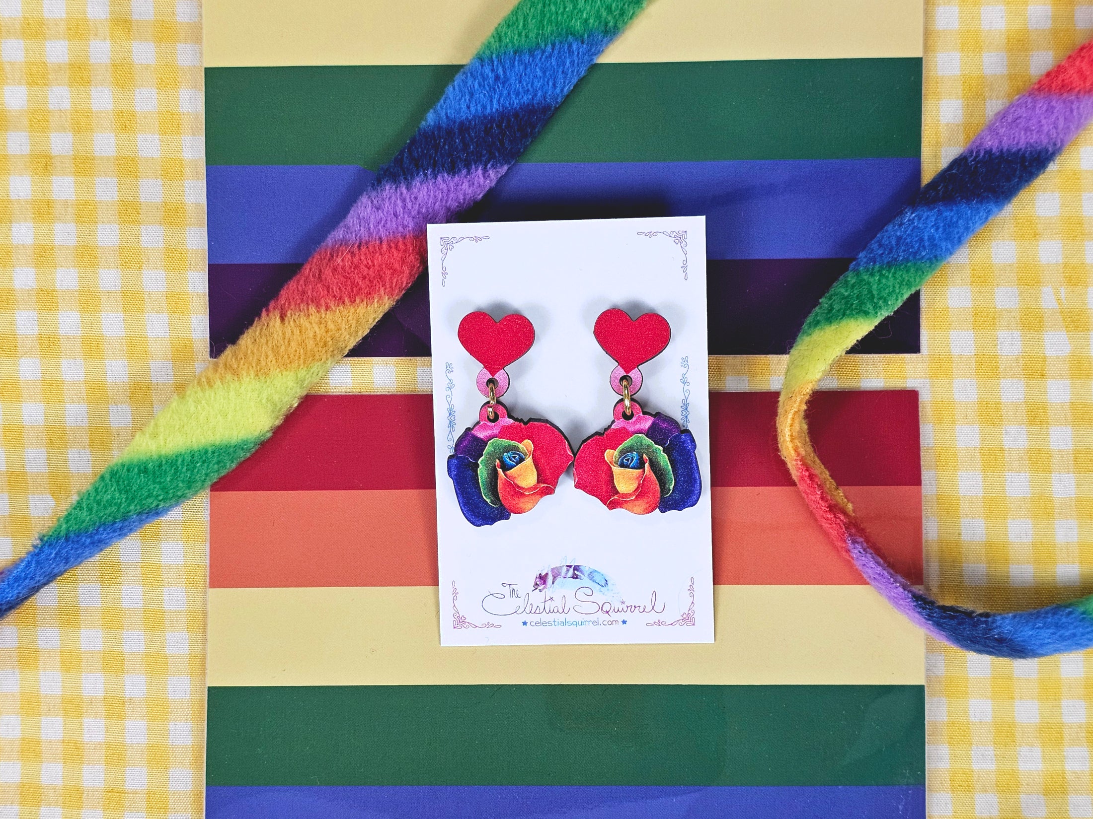 Pride Rose Earrings, Rainbow Rose and Heart Maple Wood Dangling Earrings