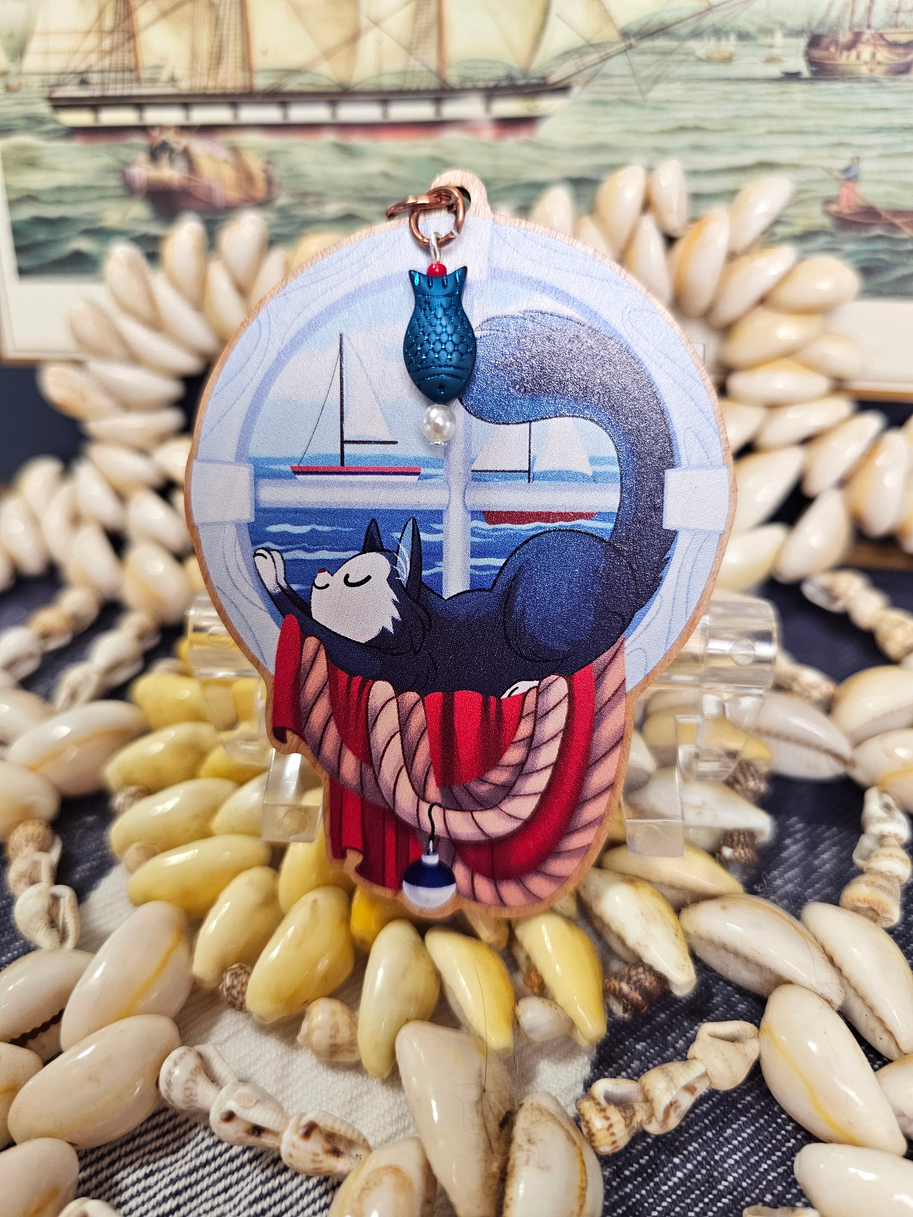 Window Seat - Wooden Kitty Keycharms with Accent Beads