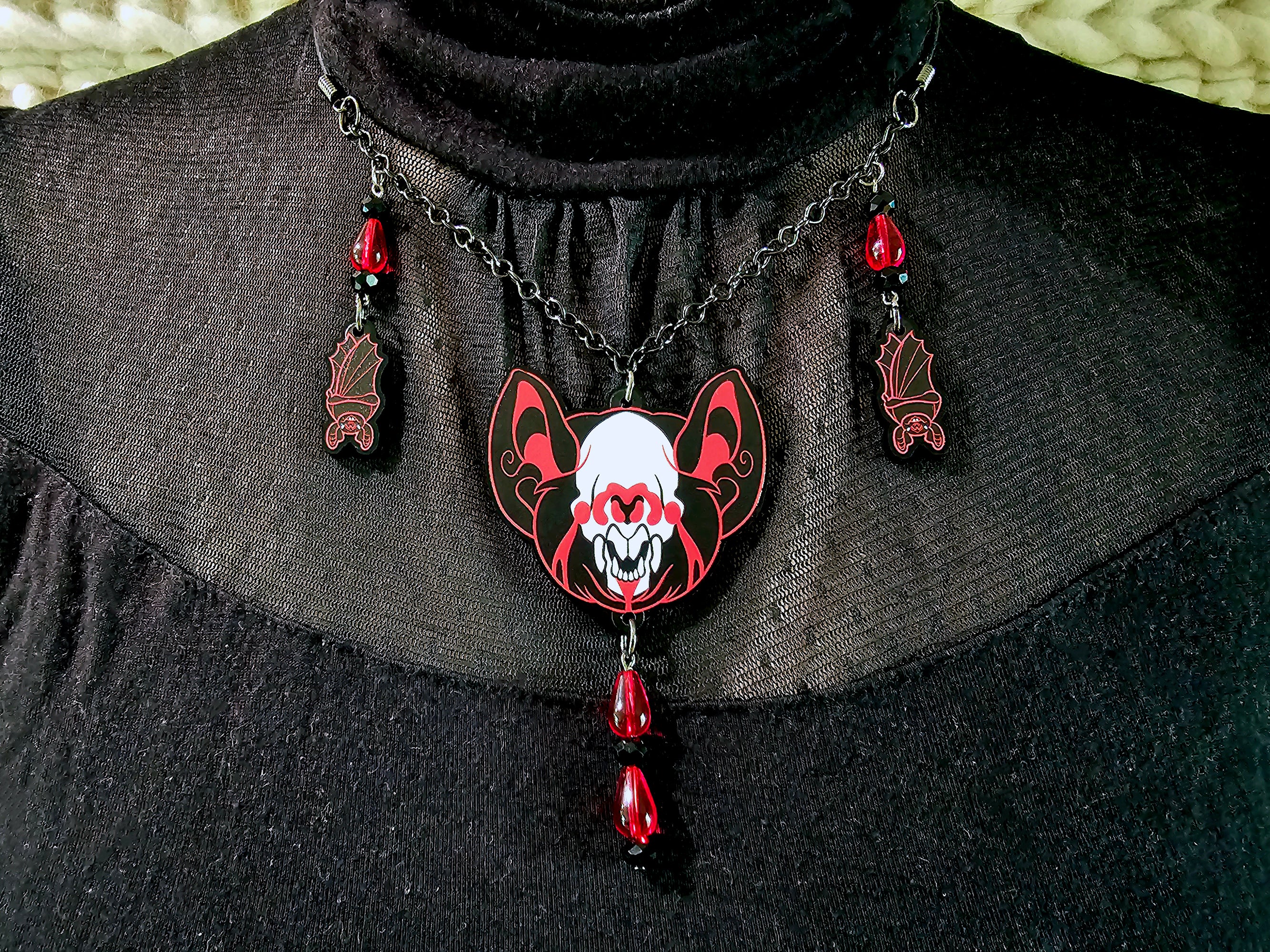 Red Queen Gothic Princess Cynopterus outlet Bat Skull Necklace with Czech Glass Blood Drop Beads