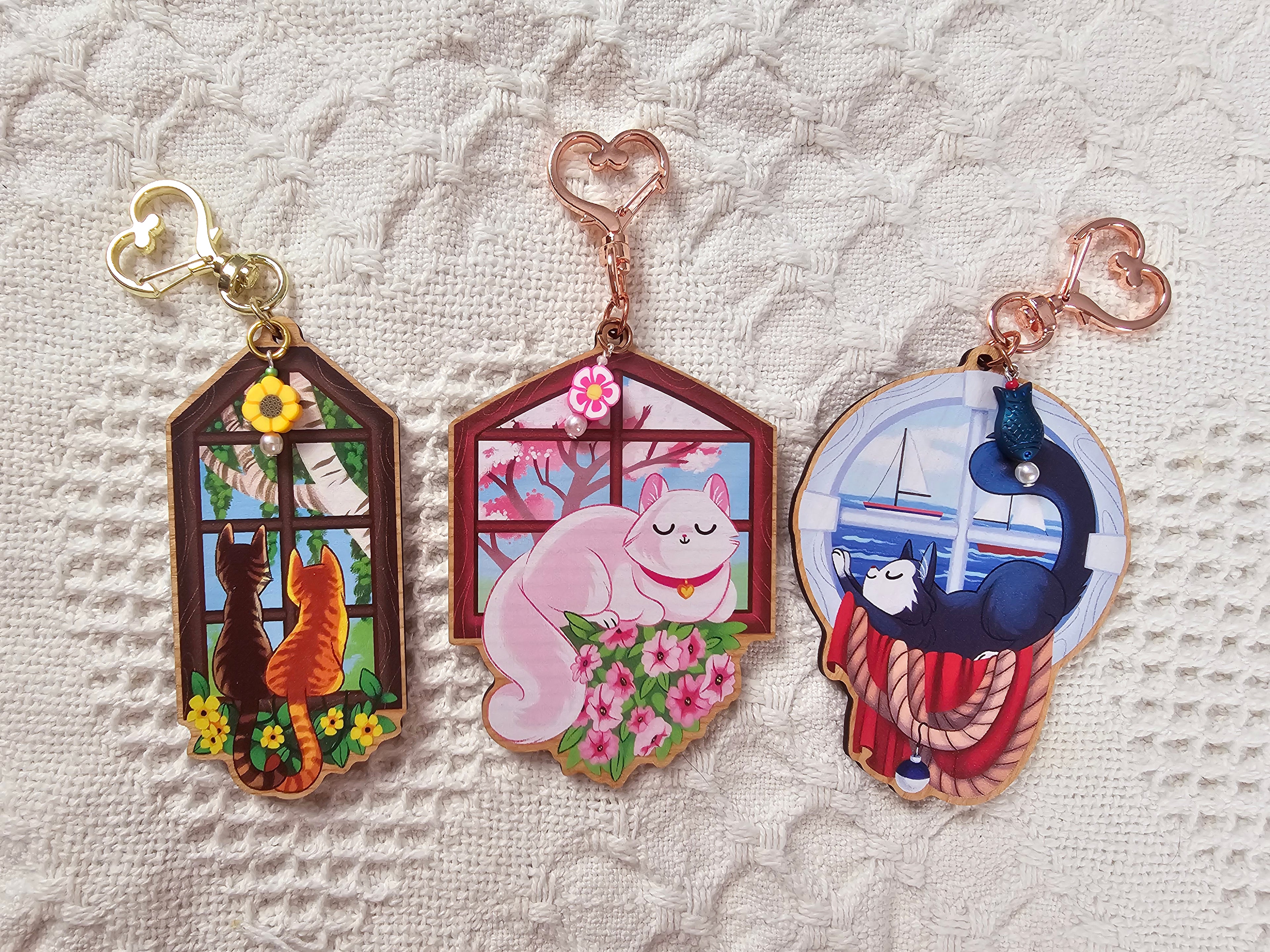 Window Seat - Wooden Kitty Keycharms with Accent Beads