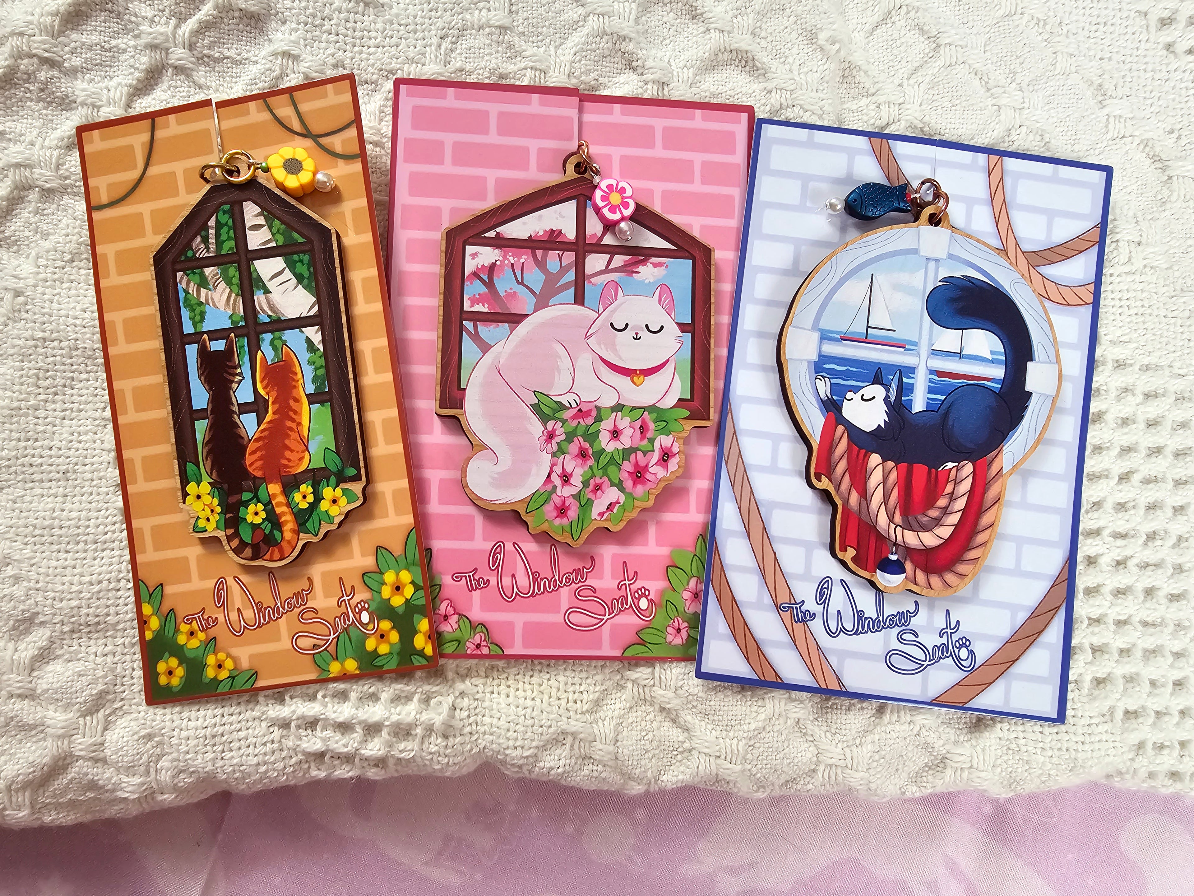 Window Seat - Wooden Kitty Keycharms with Accent Beads