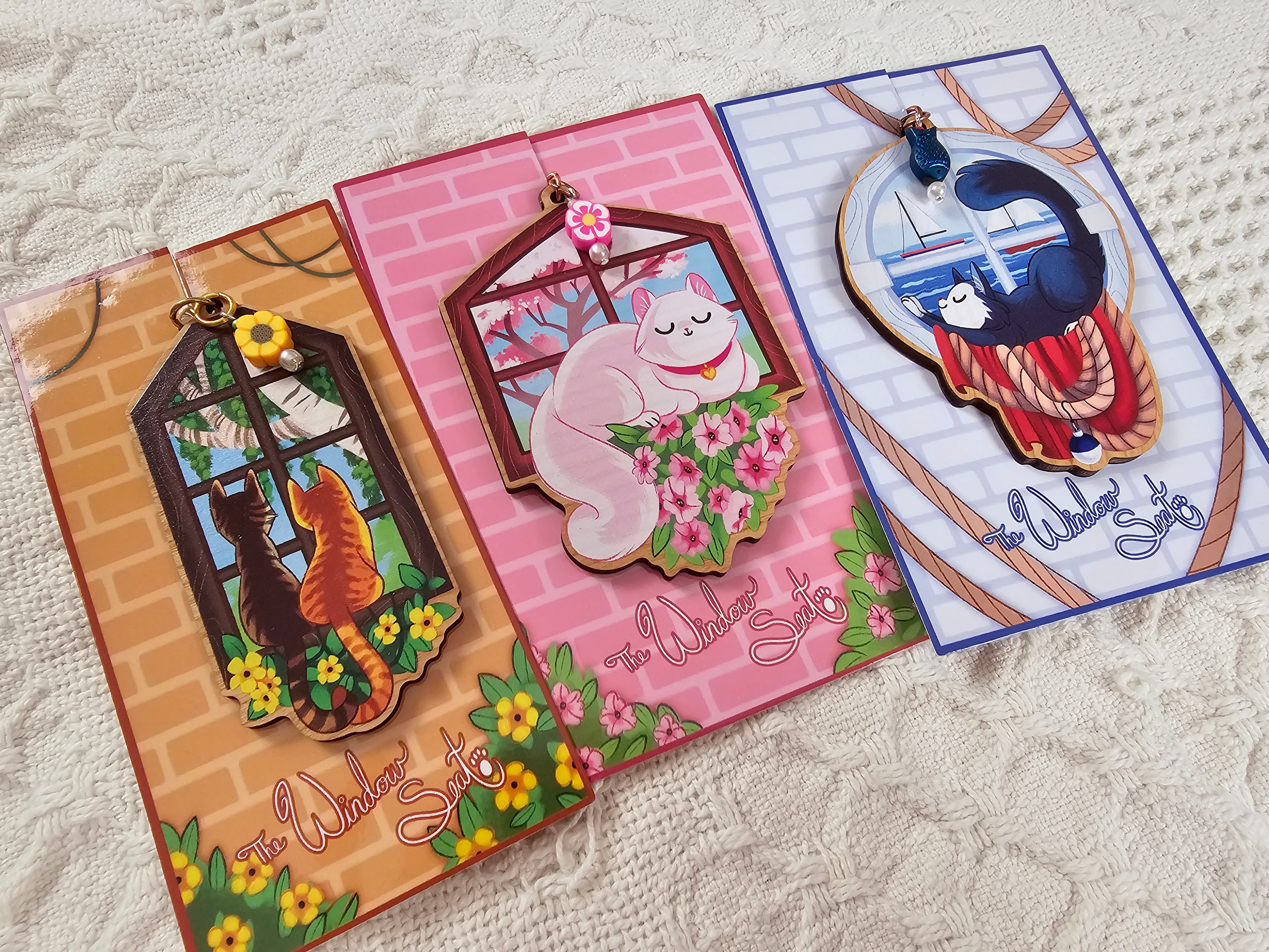 Window Seat - Wooden Kitty Keycharms with Accent Beads