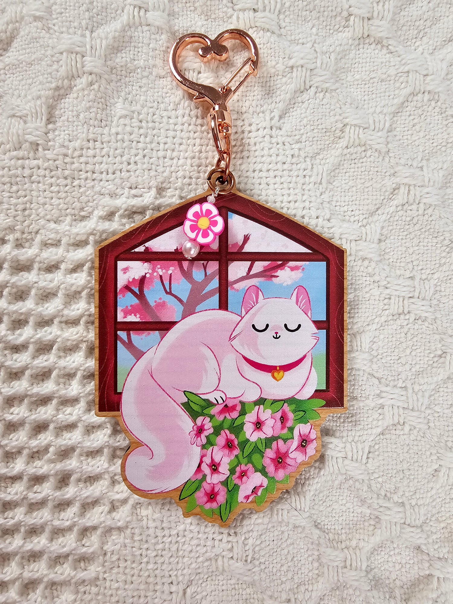 Window Seat - Wooden Kitty Keycharms with Accent Beads
