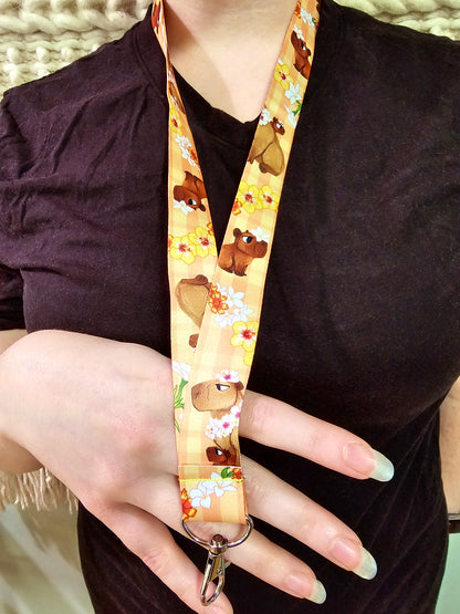 Tropical Capybara Lanyard - Cute Floral Badge Holder