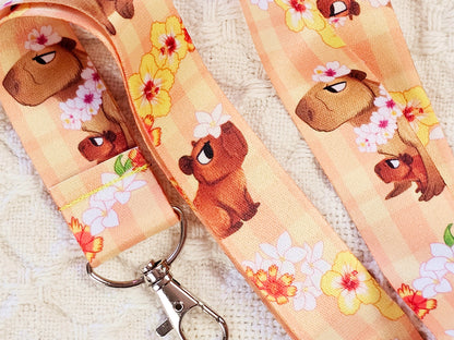 Tropical Capybara Lanyard - Cute Floral Badge Holder