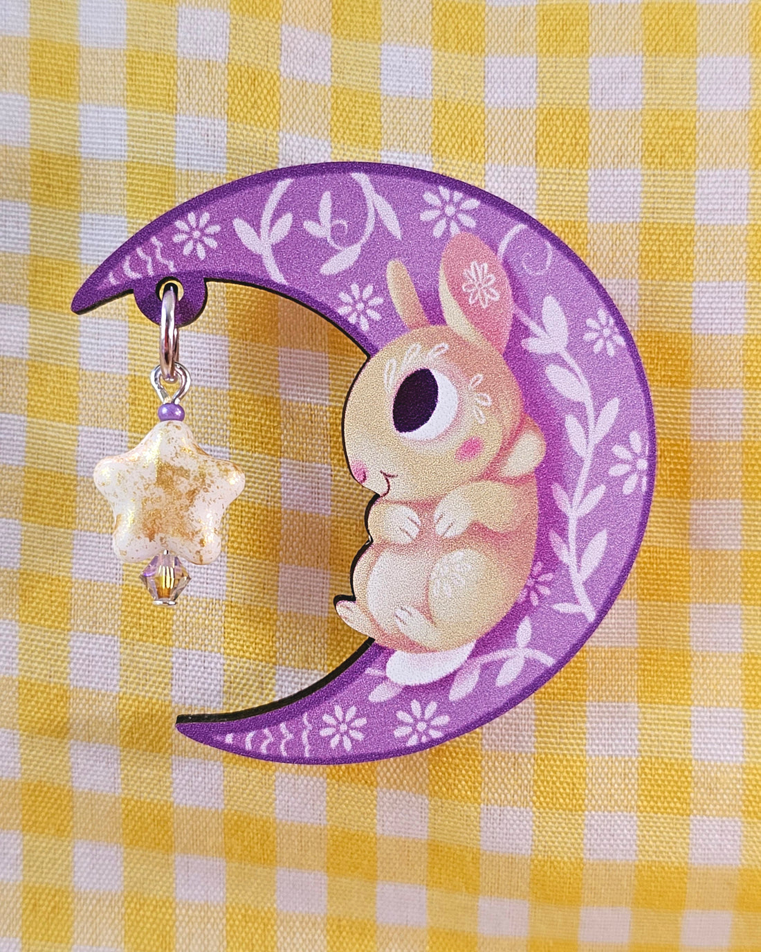 Crescent Moon - Lunar Rabbit Wooden Pin With Glass Beads