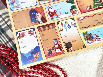 Rat and Mouse Christmas Gift Tag Stickers - Merry Squeakmas Gift Labels