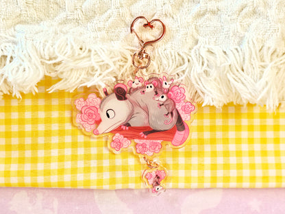 Opossum Mom Double-Sided Acrylic Keychain With Connector Charm