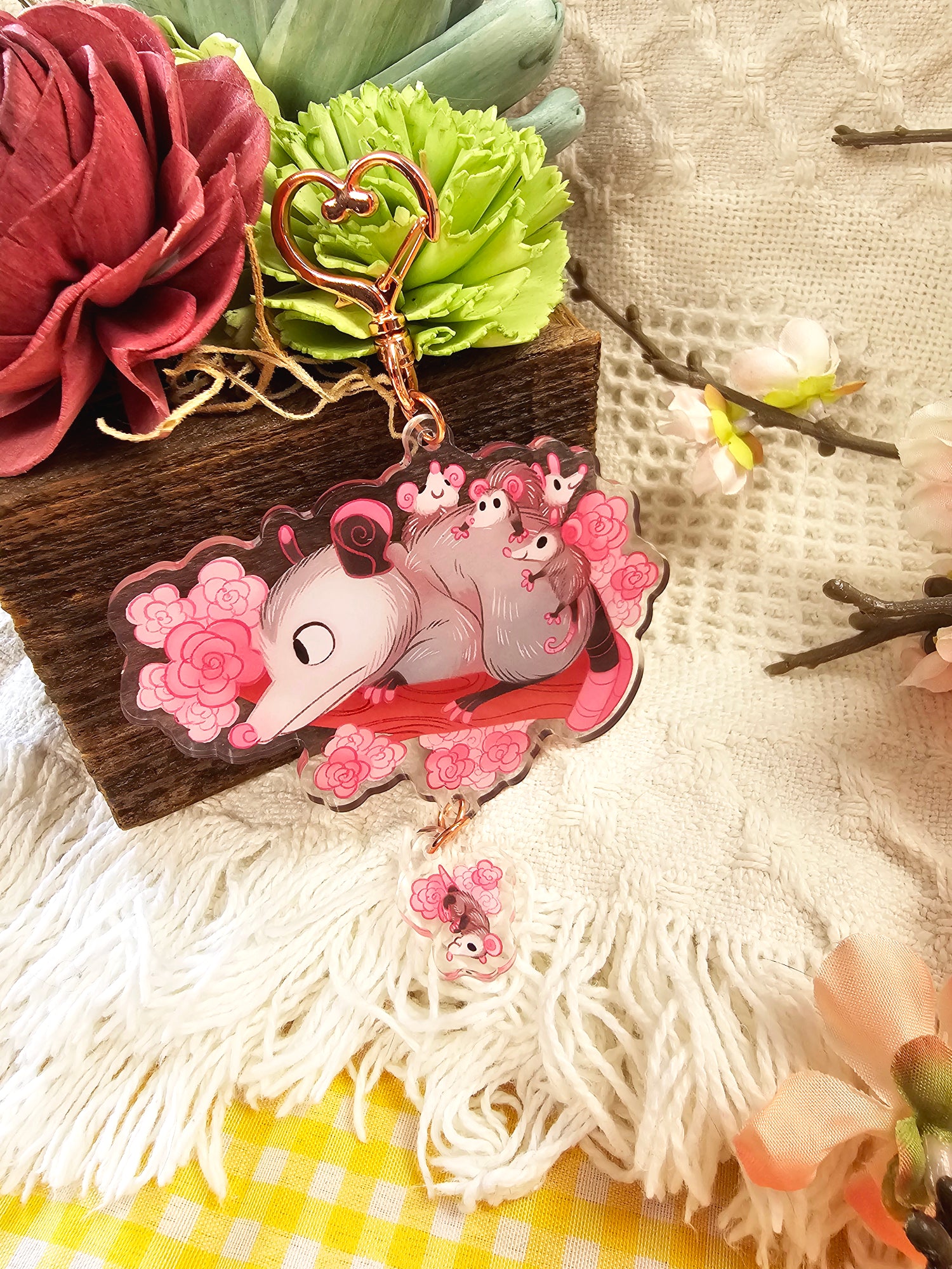 Opossum Mom Double-Sided Acrylic Keychain With Connector Charm