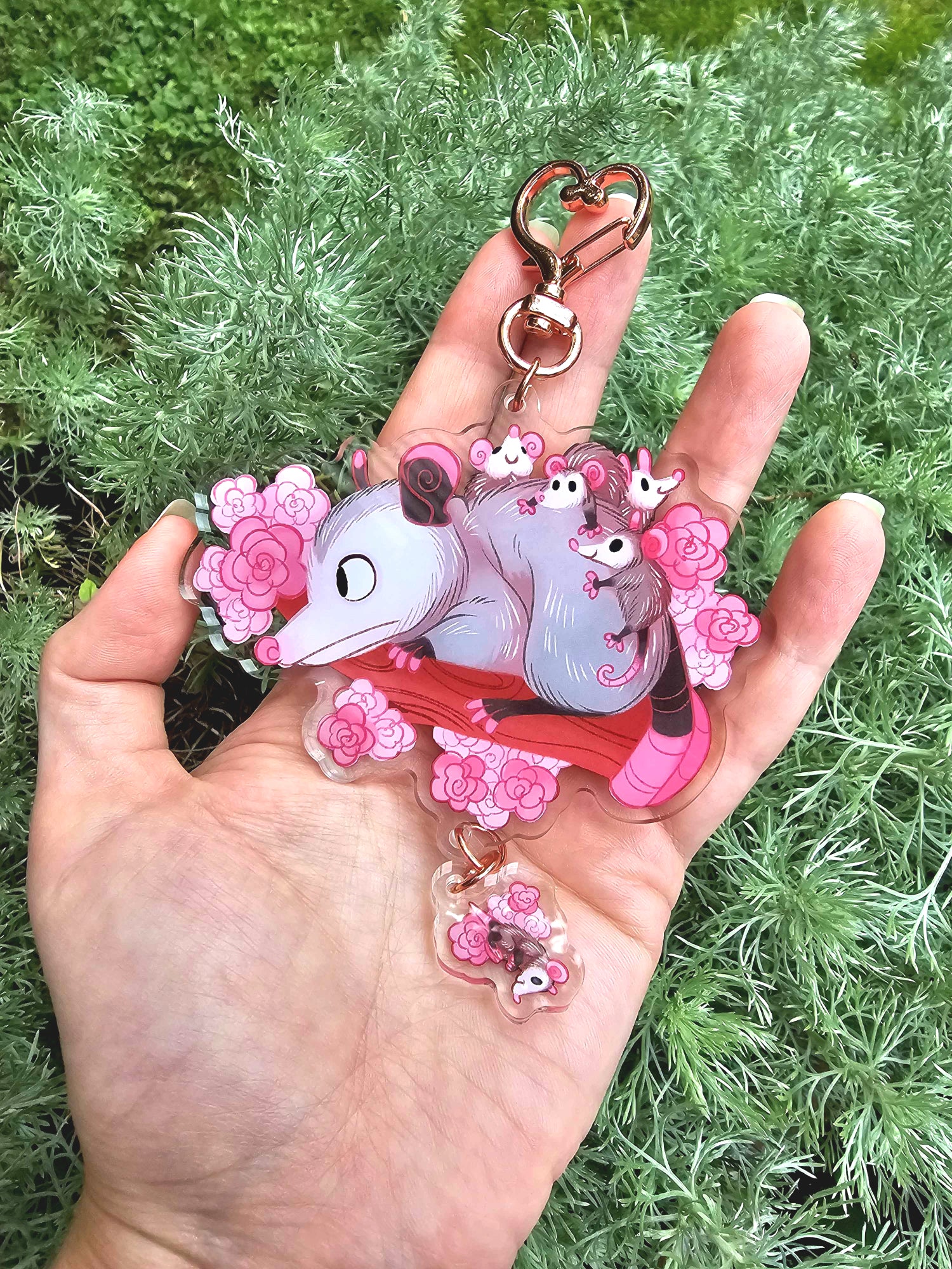 Opossum Mom Double-Sided Acrylic Keychain With Connector Charm