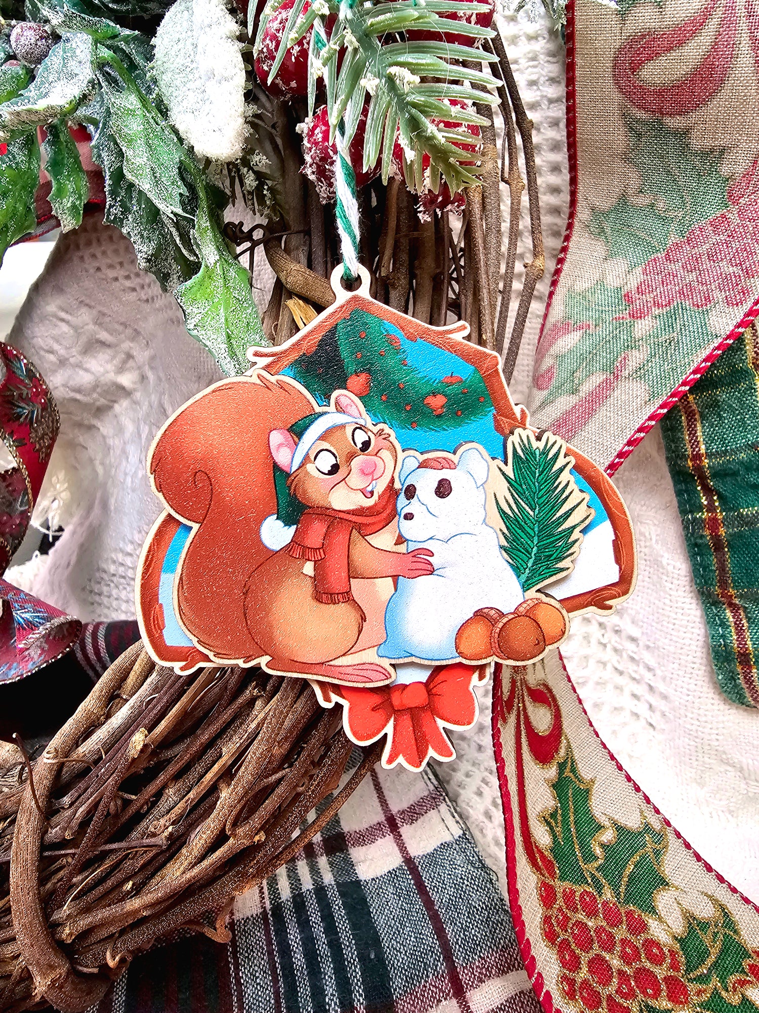 Wooden Christmas Ornaments - Reindeer Carousel and Snow Squirrel