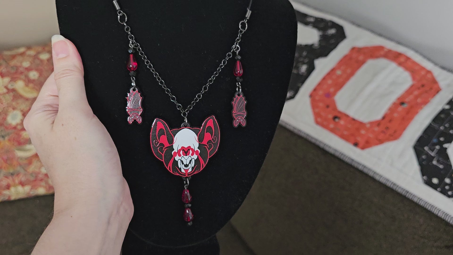 Red Queen Gothic Princess Cynopterus outlet Bat Skull Necklace with Czech Glass Blood Drop Beads