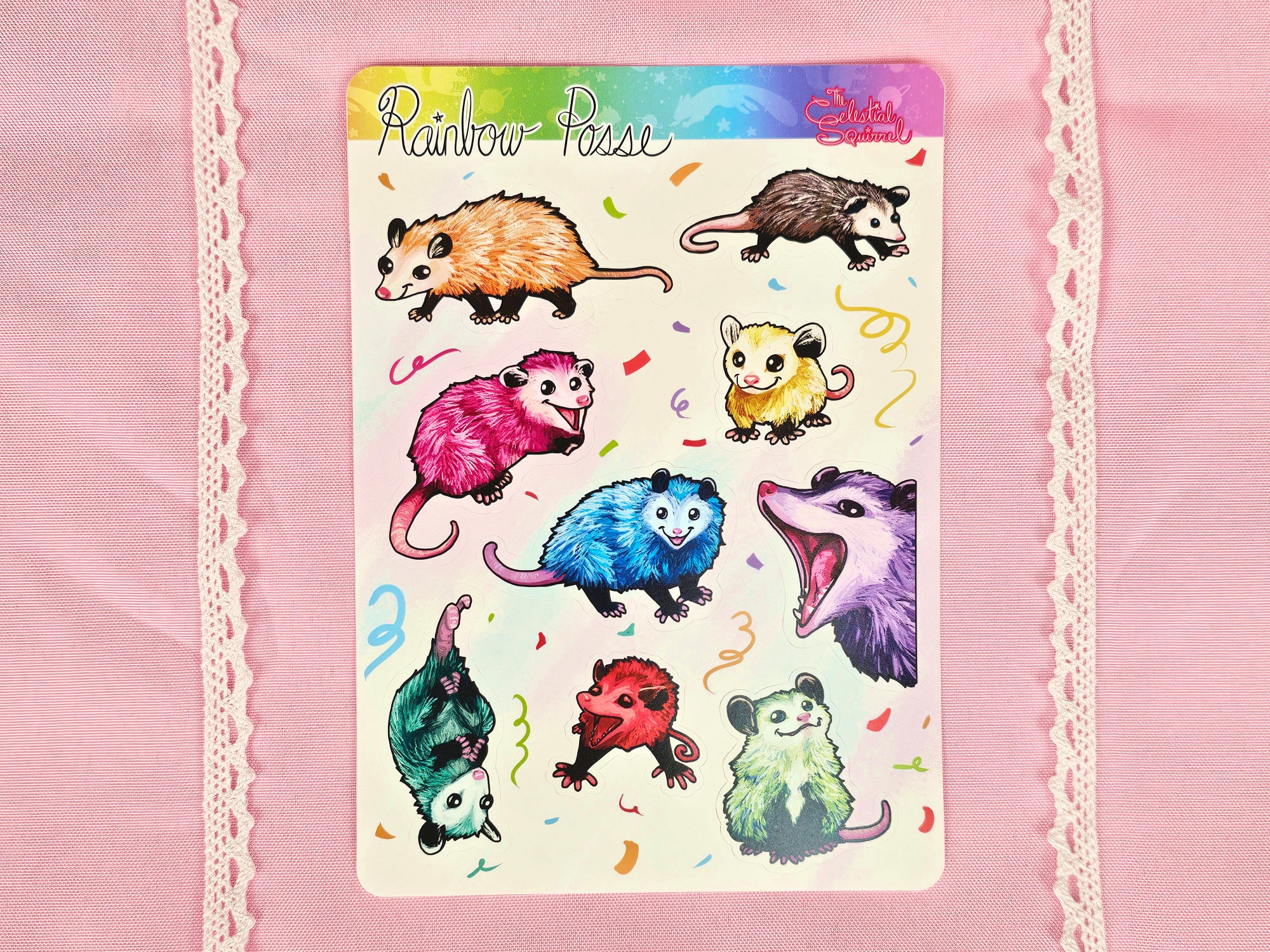 Rainbow Posse Sticker Sheet - Cute Rainbow Opossum Vinyl Stickers