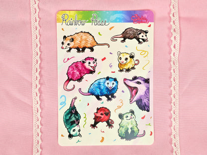 Rainbow Posse Sticker Sheet - Cute Rainbow Opossum Vinyl Stickers