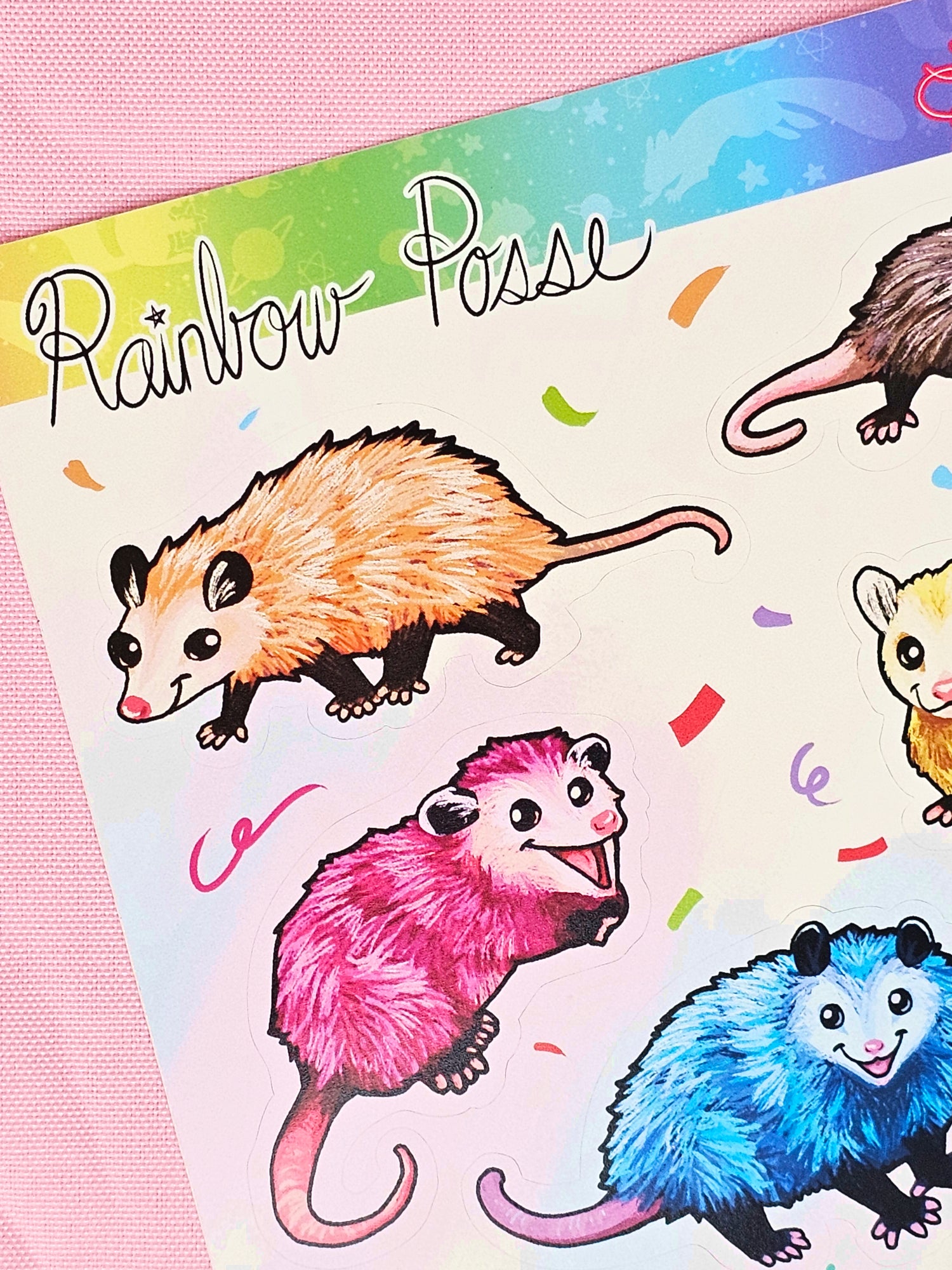 Rainbow Posse Sticker Sheet - Cute Rainbow Opossum Vinyl Stickers