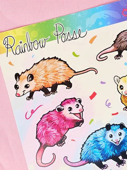 Rainbow Posse Sticker Sheet - Cute Rainbow Opossum Vinyl Stickers