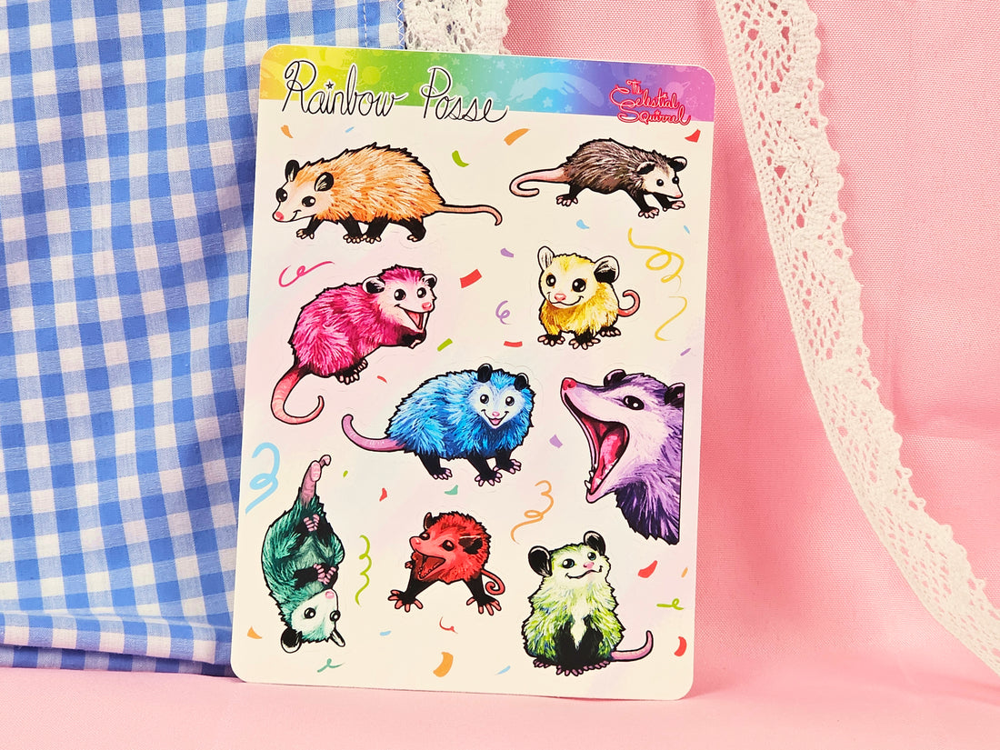 Rainbow Posse Sticker Sheet - Cute Rainbow Opossum Vinyl Stickers