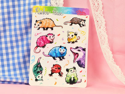 Rainbow Posse Sticker Sheet - Cute Rainbow Opossum Vinyl Stickers