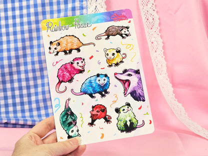 Rainbow Posse Sticker Sheet - Cute Rainbow Opossum Vinyl Stickers