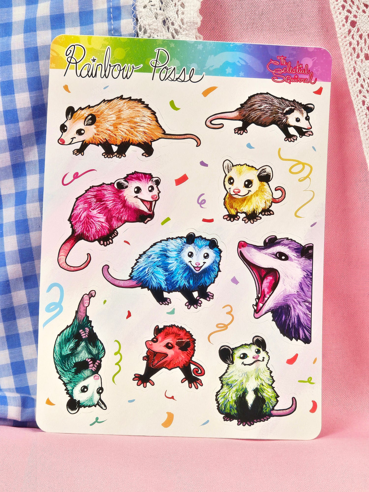 Rainbow Posse Sticker Sheet - Cute Rainbow Opossum Vinyl Stickers