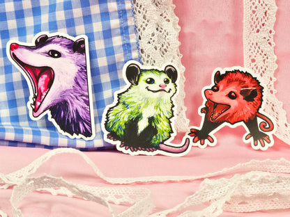 Rainbow Posse - Trio of Cute Opossum Vinyl Stickers - Purple, Green, and Red