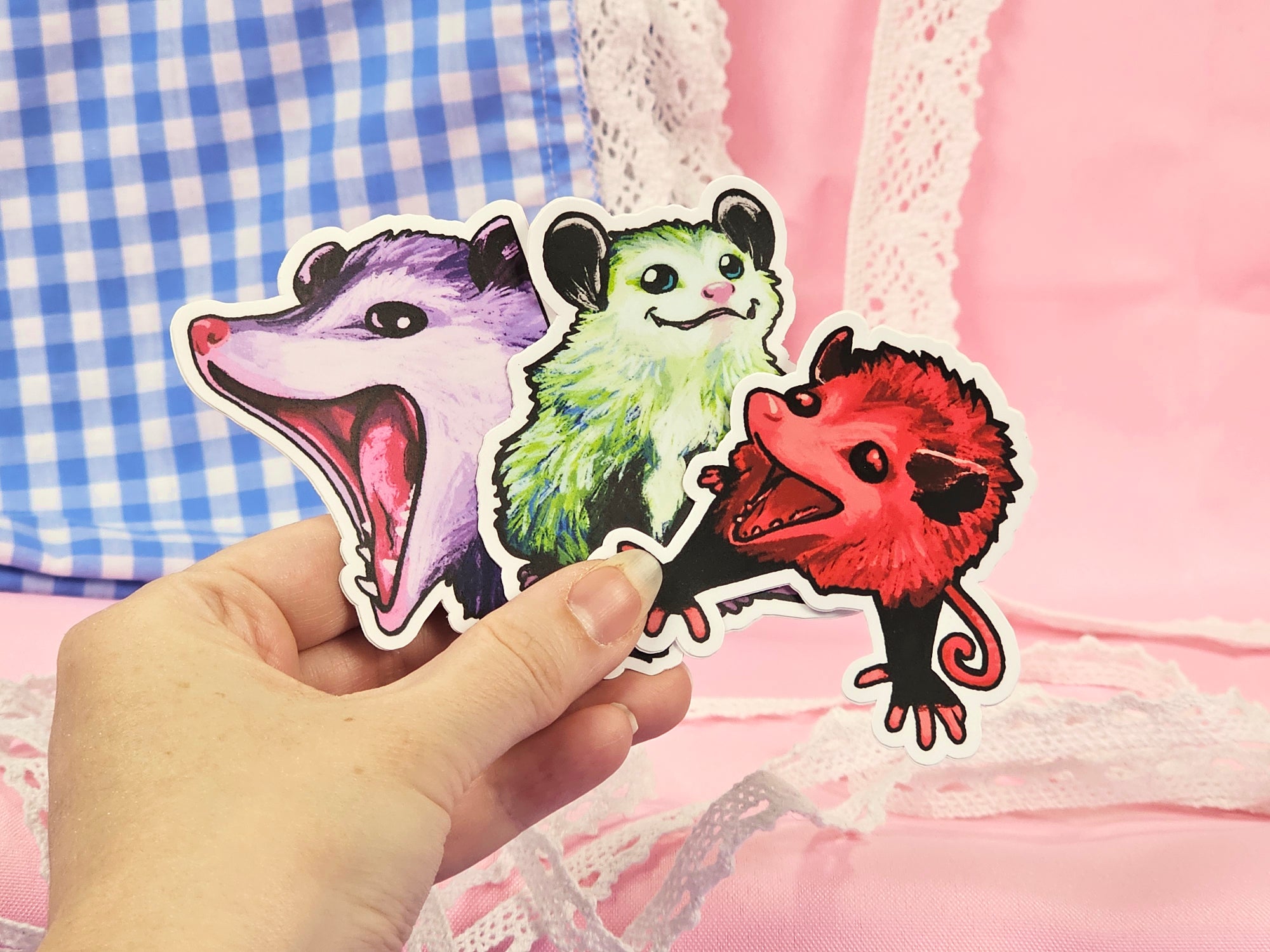 Rainbow Posse - Trio of Cute Opossum Vinyl Stickers - Purple, Green, and Red