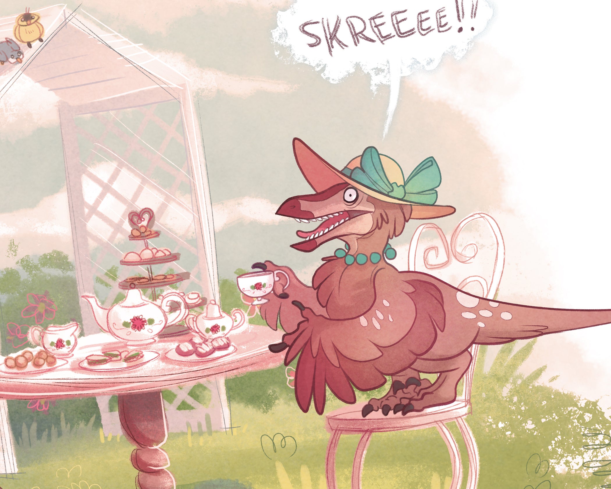 8x10 Raptor Tea Party Art Print - Chaos in the Garden