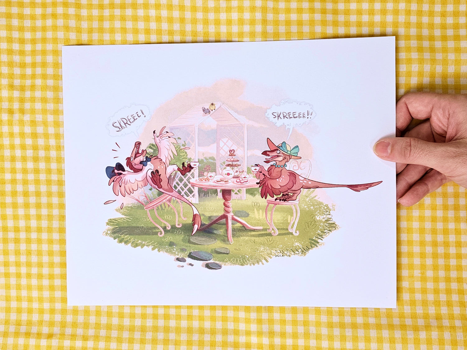 8x10 Raptor Tea Party Art Print - Chaos in the Garden