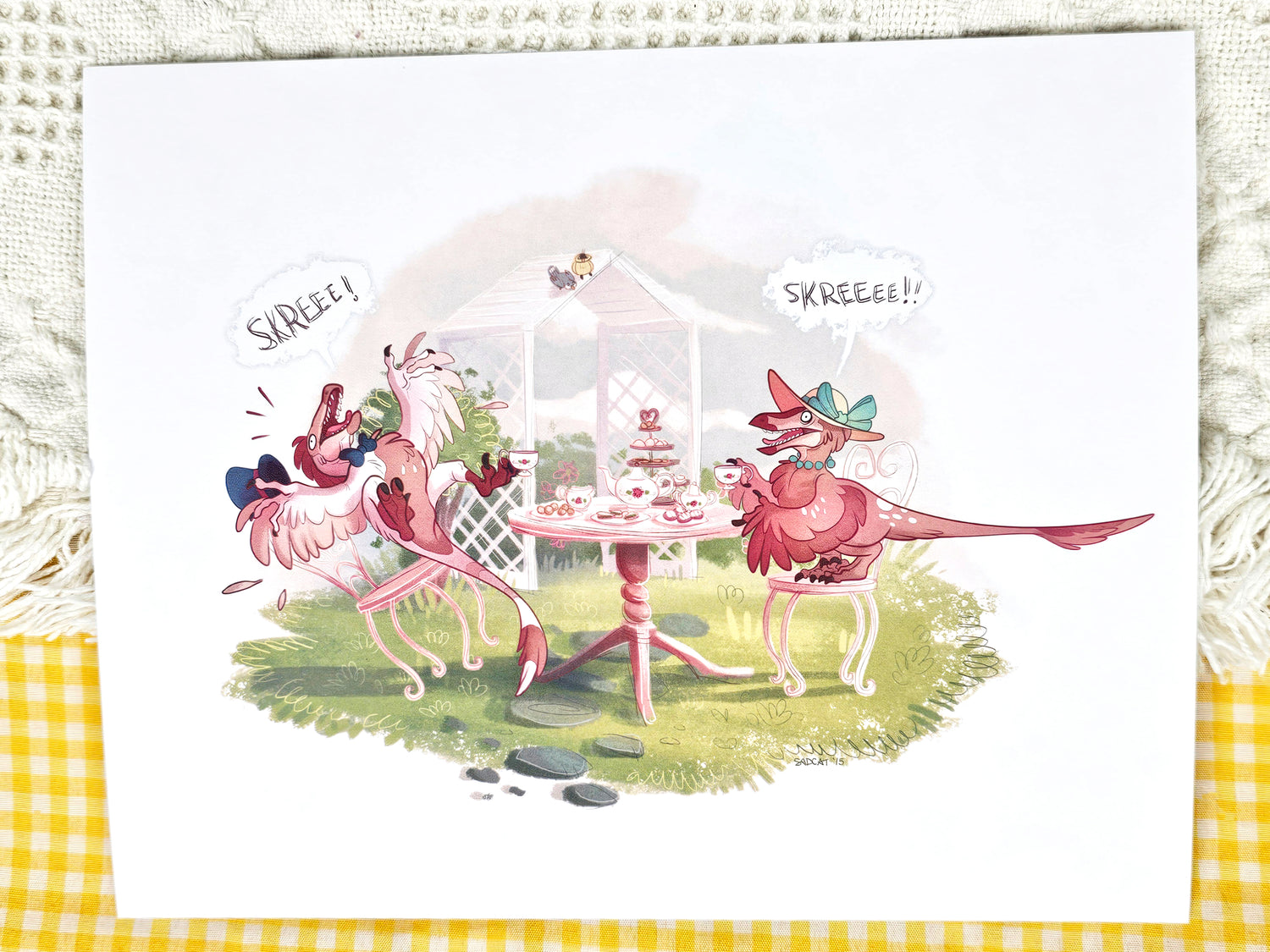 8x10 Raptor Tea Party Art Print - Chaos in the Garden