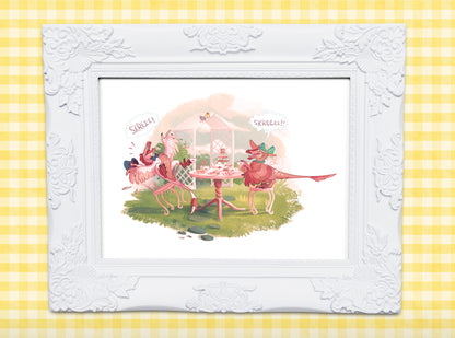 8x10 Raptor Tea Party Art Print - Chaos in the Garden