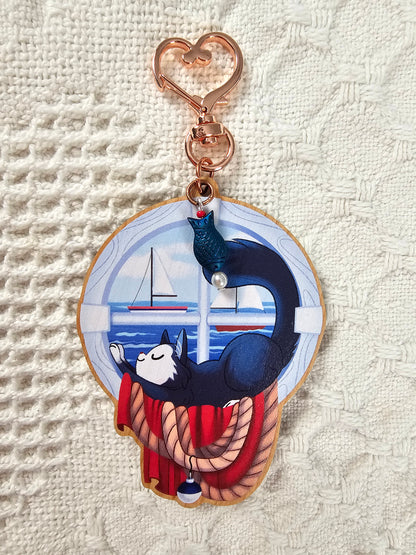 Window Seat - Wooden Kitty Keycharms with Accent Beads